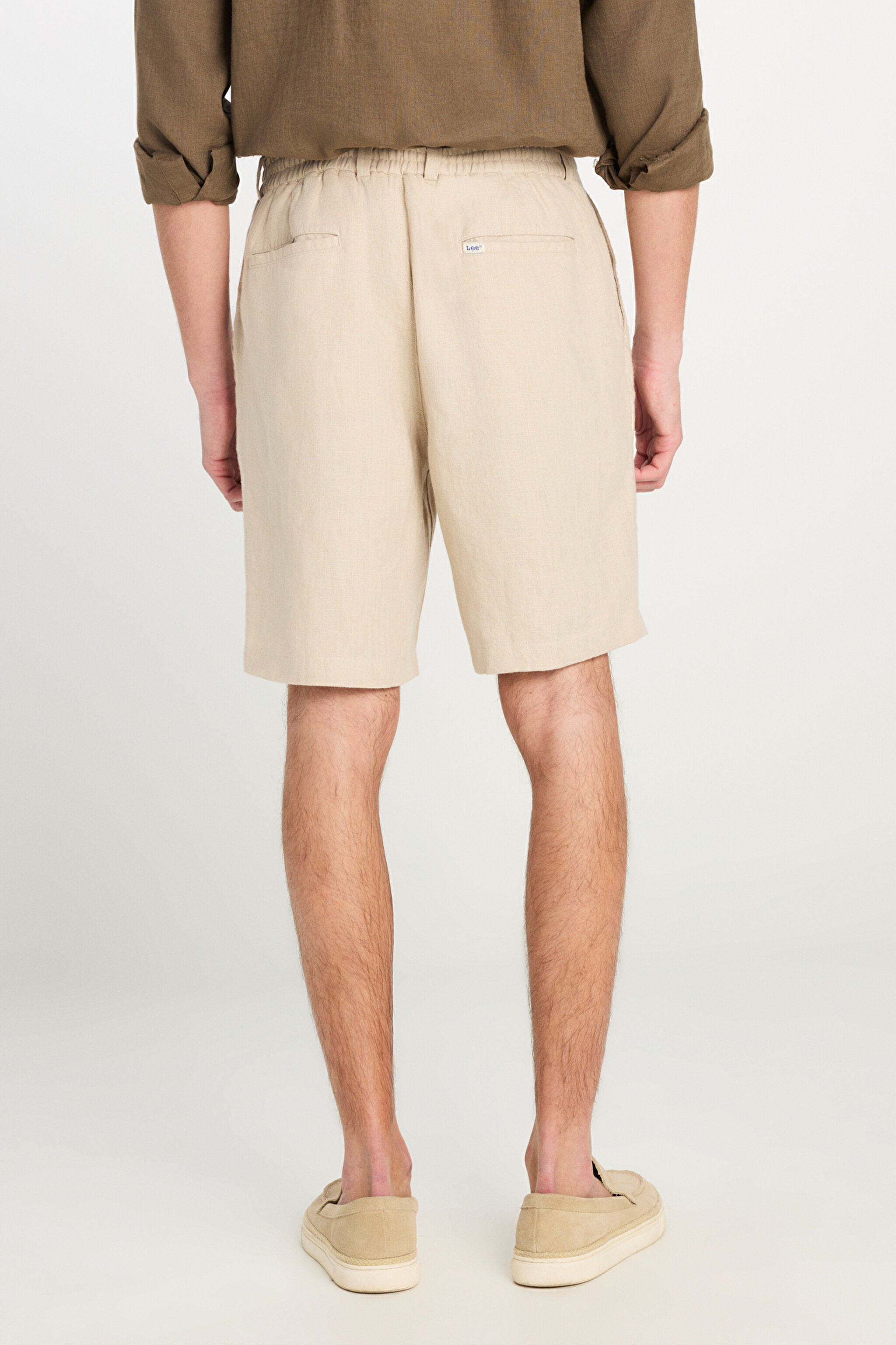 %100 Keten Regular Fit Normal Kesim Lastik Bel Detaylı Bej Şort - Beige-L2510300614 (görsel 4)