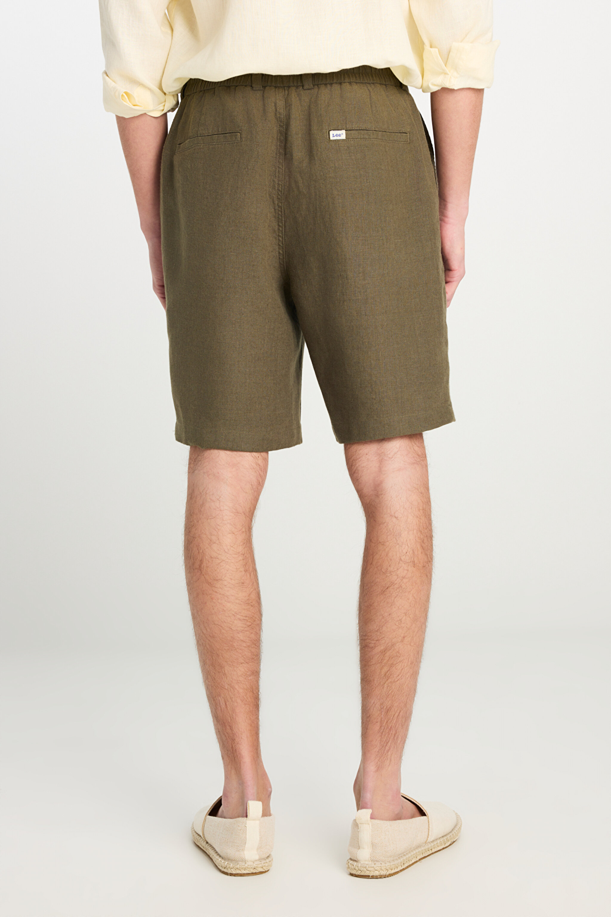 %100 Keten Regular Fit Normal Kesim Lastik Bel Detaylı Haki Şort - Khaki-L2510300801 (görsel 4)