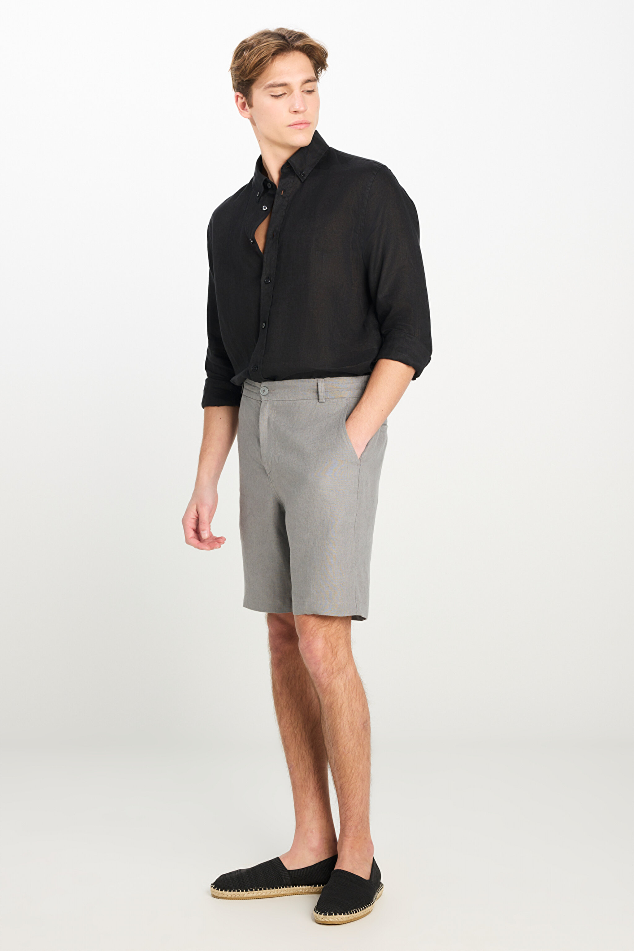 %100 Keten Regular Fit Normal Kesim Lastik Bel Detaylı Koyu Gri Şort - Dark Grey-L251030093 (görsel 2)