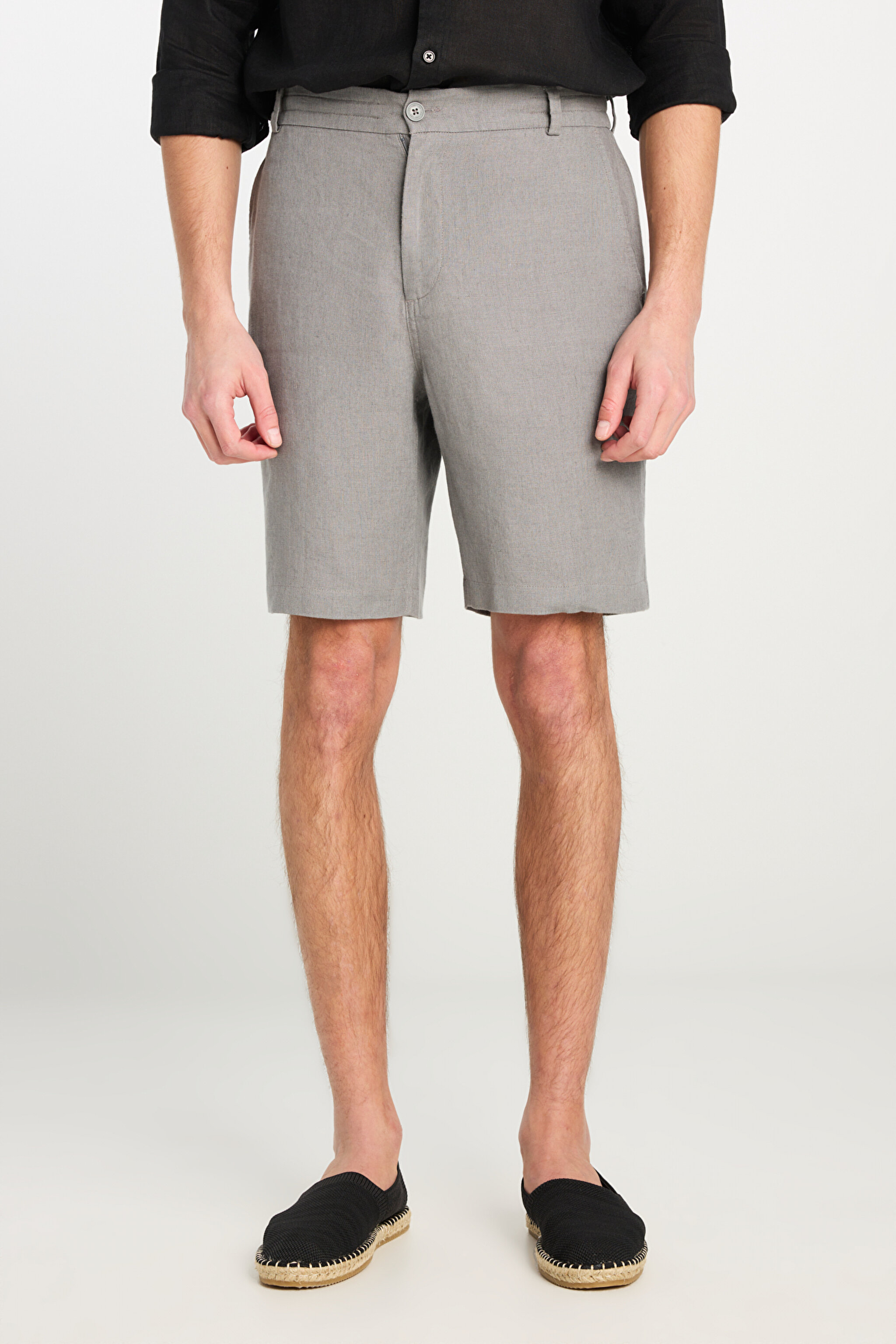 %100 Keten Regular Fit Normal Kesim Lastik Bel Detaylı Koyu Gri Şort - Dark Grey-L251030093 (görsel 3)