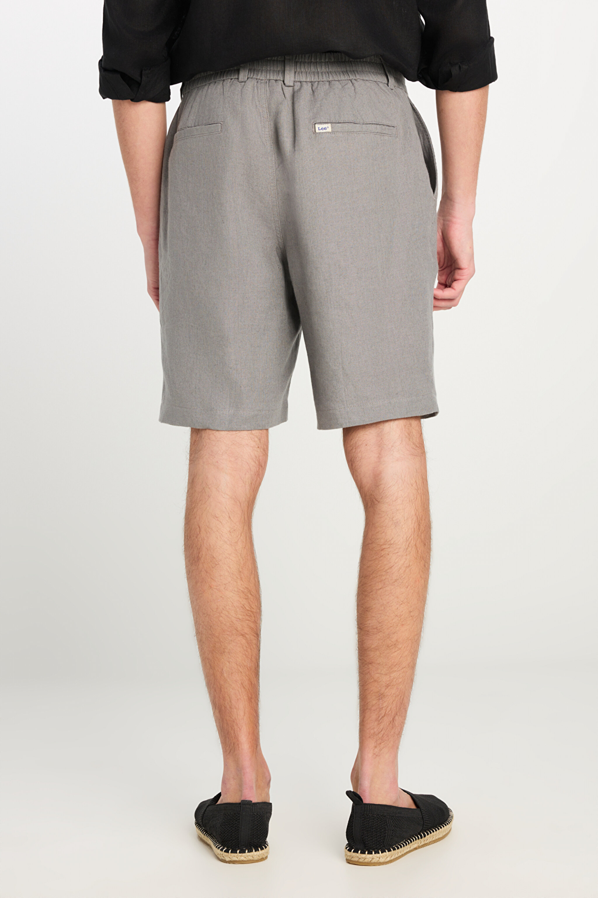 %100 Keten Regular Fit Normal Kesim Lastik Bel Detaylı Koyu Gri Şort - Dark Grey-L251030093 (görsel 4)