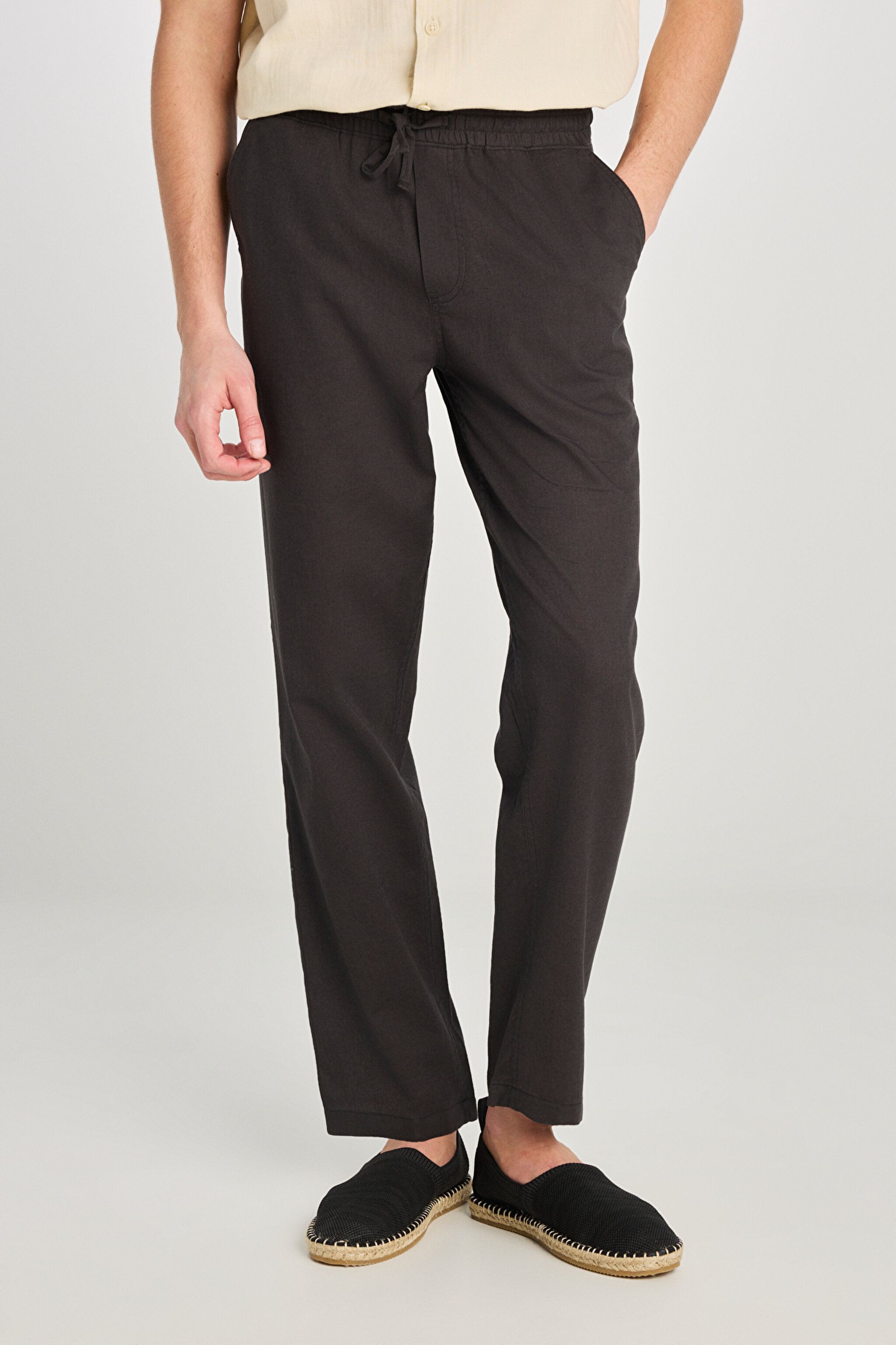Regular Fit Normal Kesim Lastik Bel Detaylı Keten Karışımlı Antrasit Pantolon - Anthracite-L2510302003 (görsel 3)