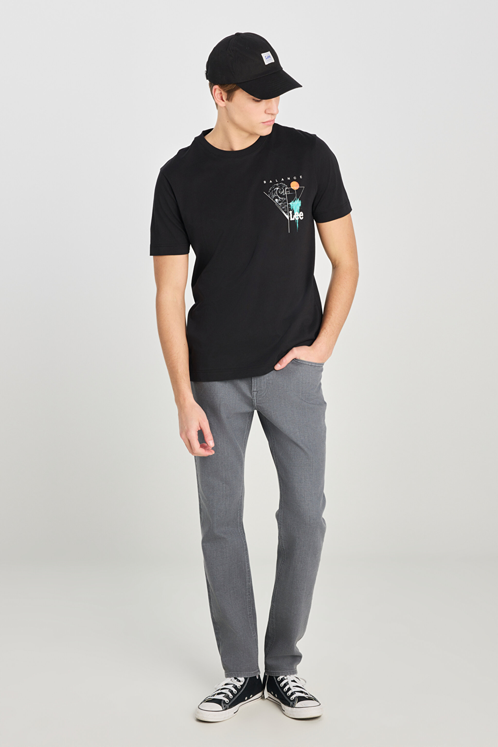 %100 Pamuk Regular Fit Normal Kesim Bisiklet Yaka Baskılı Siyah Tişört - Black-L2510319001 (görsel 3)