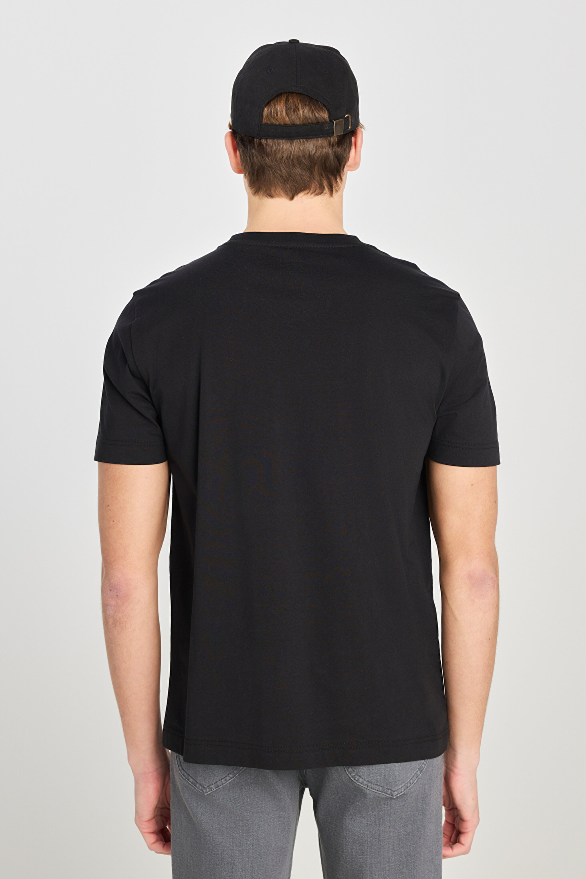 %100 Pamuk Regular Fit Normal Kesim Bisiklet Yaka Baskılı Siyah Tişört - Black-L2510319001 (görsel 5)