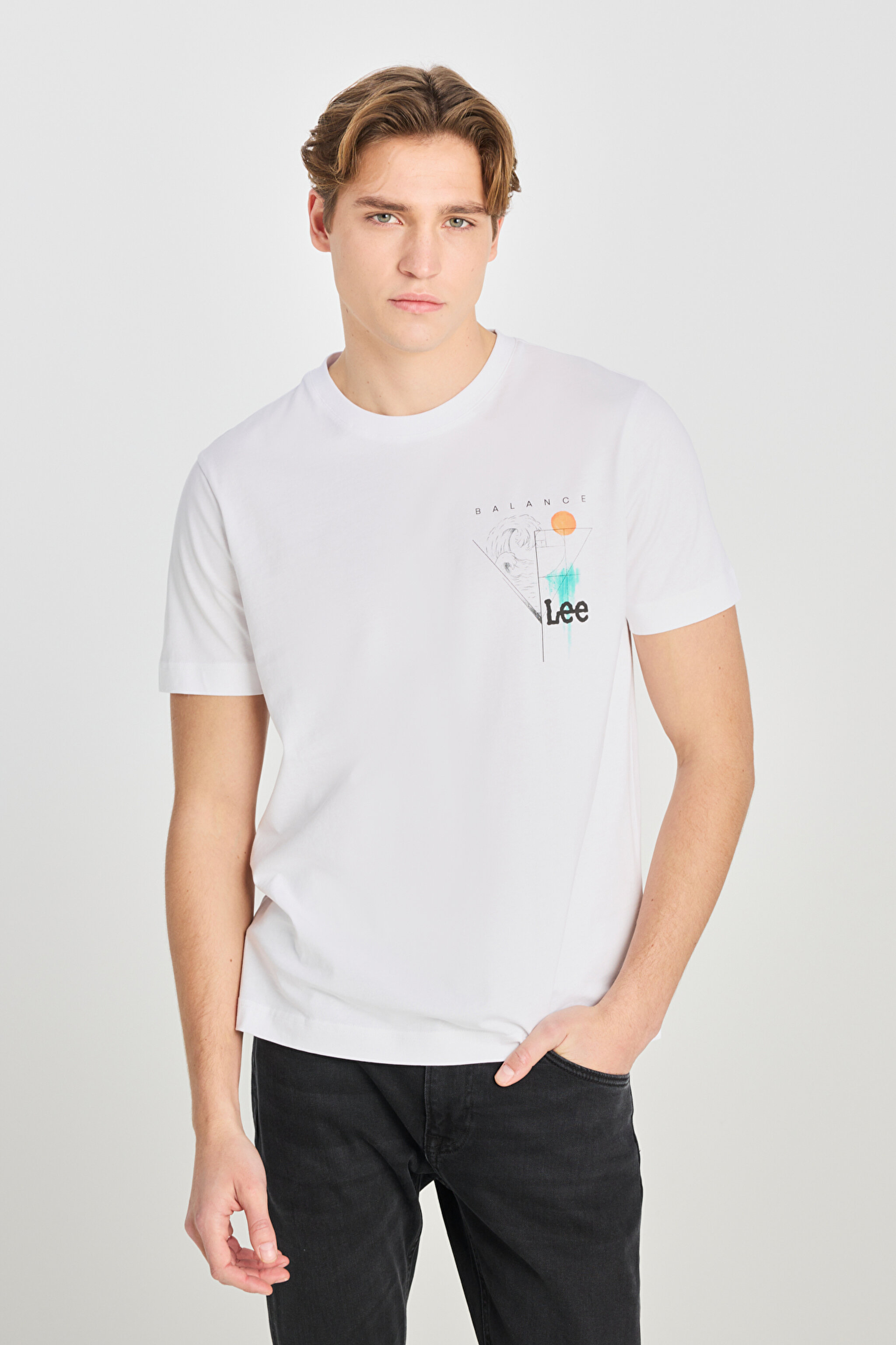 %100 Pamuk Regular Fit Normal Kesim Bisiklet Yaka Baskılı Beyaz Tişört