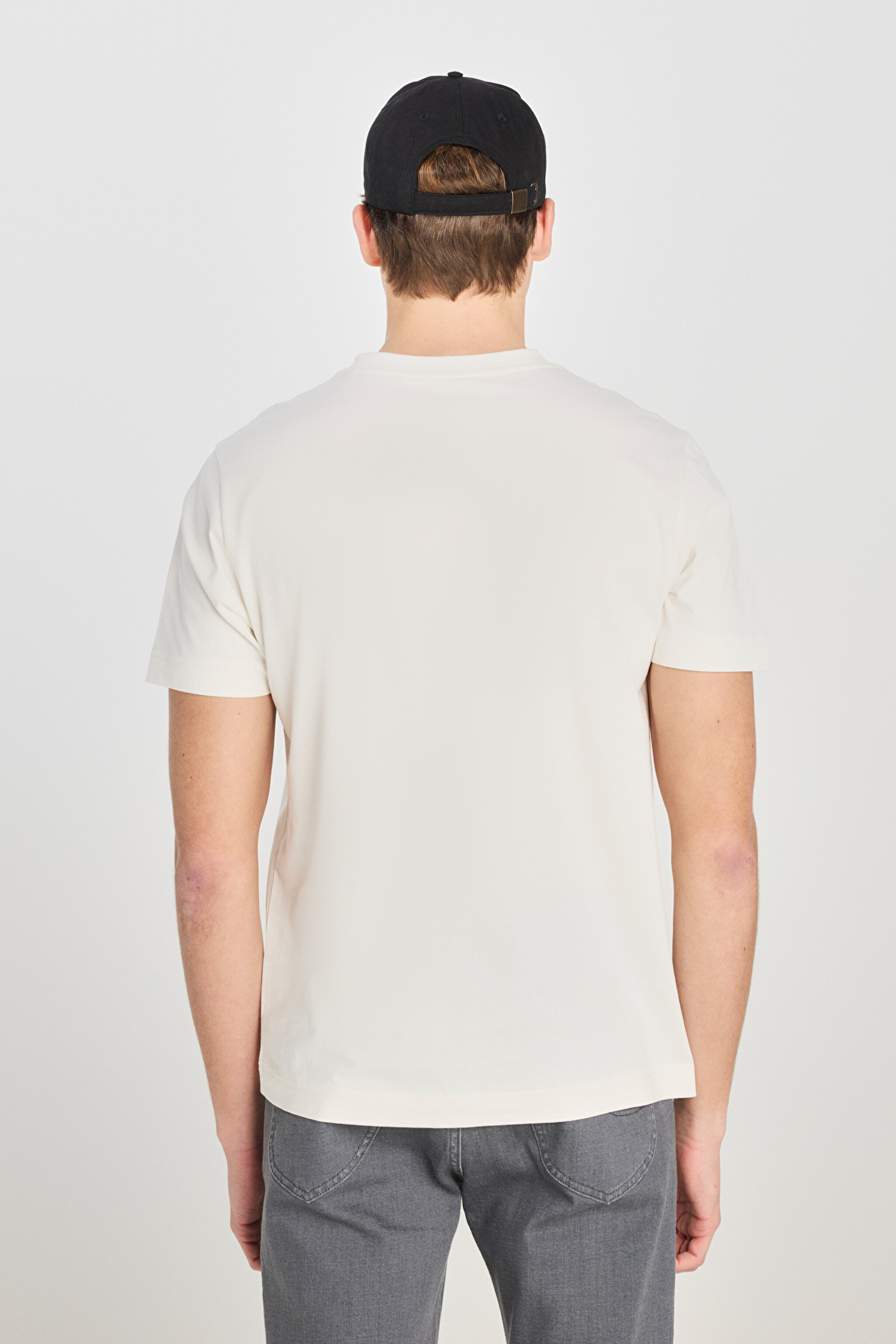 %100 Pamuk Regular Fit Normal Kesim Bisiklet Yaka Baskılı Ekru Tişört - Ecru-L2510320104 (görsel 5)