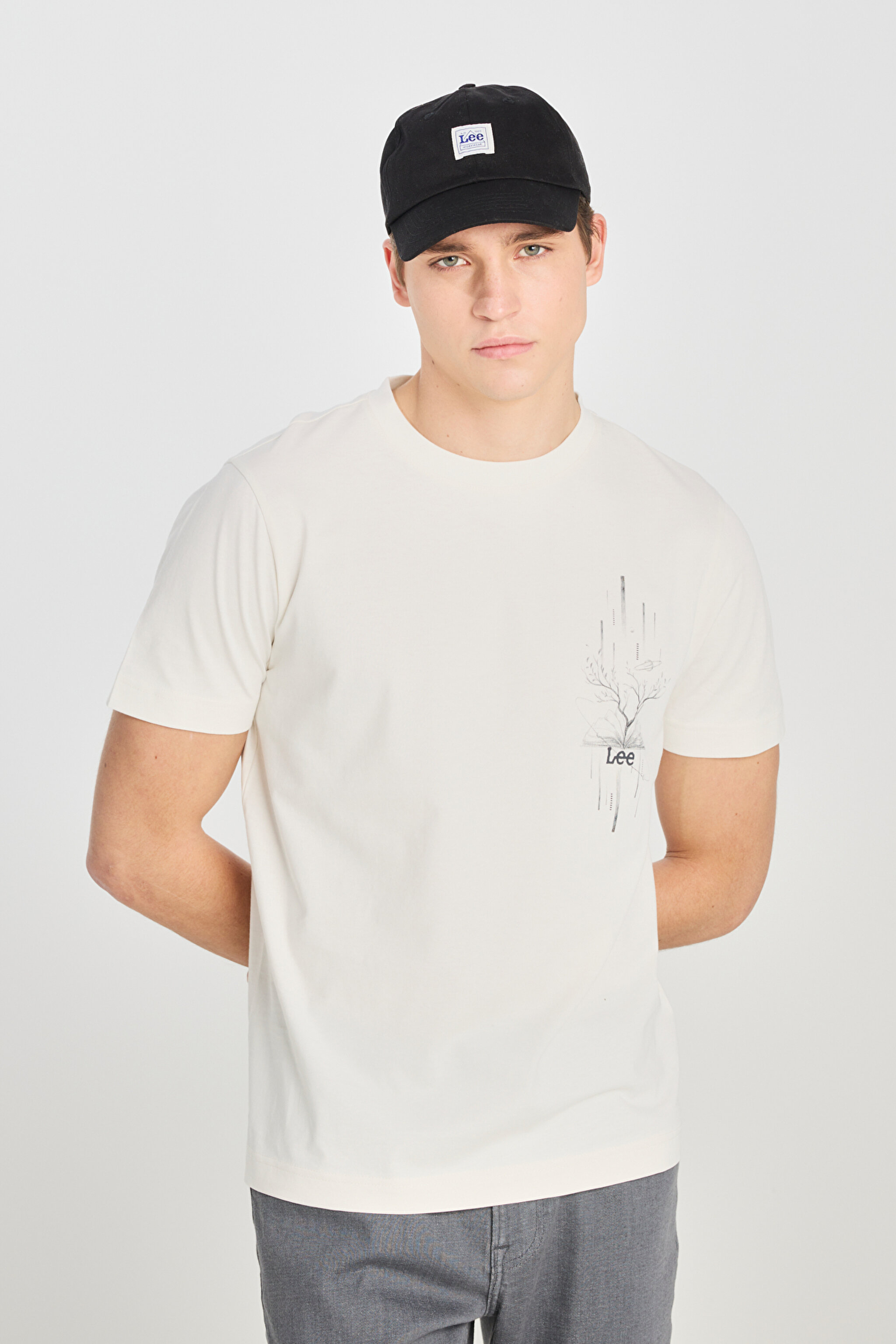%100 Pamuk Regular Fit Normal Kesim Bisiklet Yaka Baskılı Ekru Tişört - Off White-L2510321102