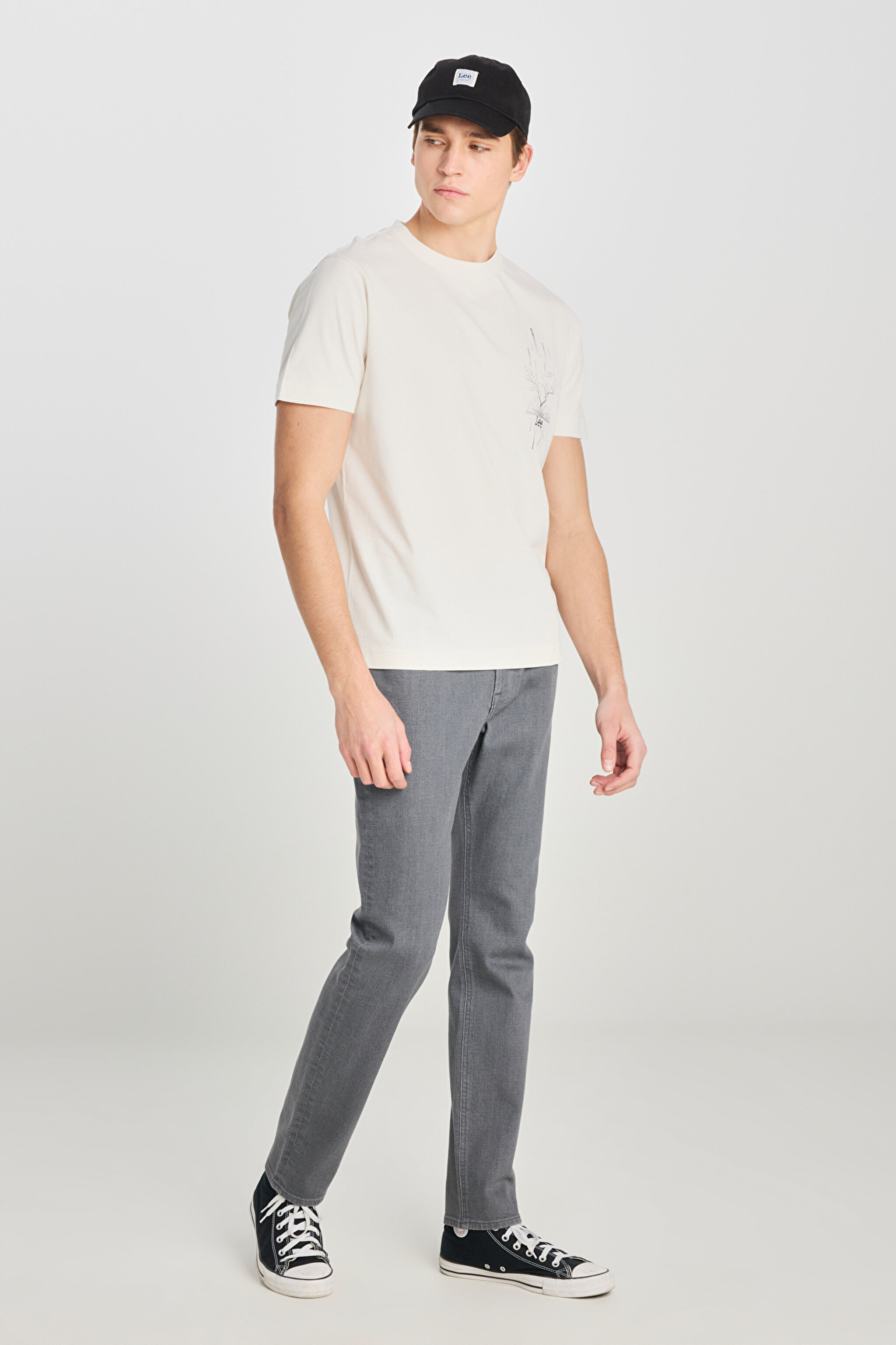 %100 Pamuk Regular Fit Normal Kesim Bisiklet Yaka Baskılı Ekru Tişört - Off White-L2510321102 (görsel 3)