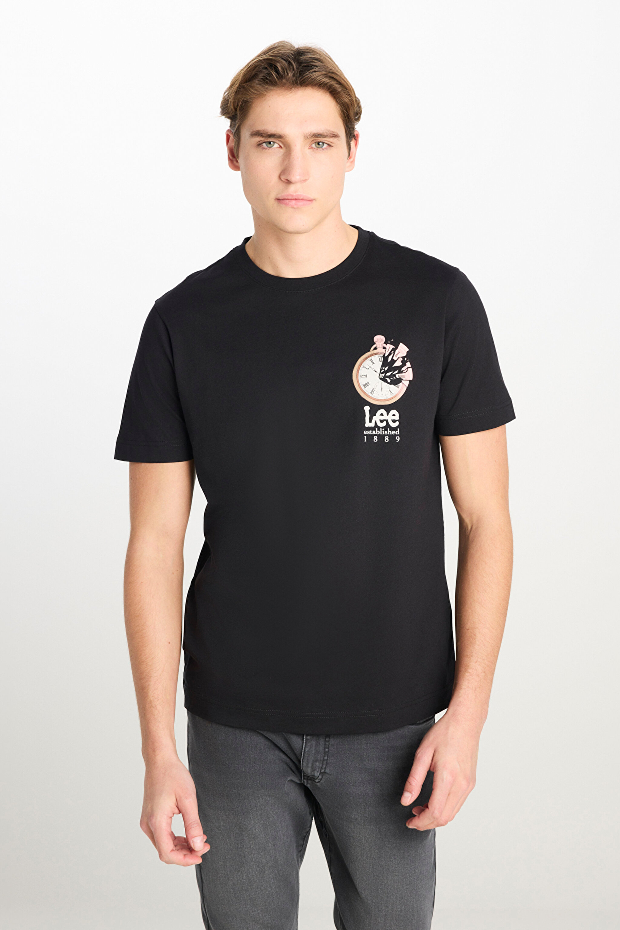 %100 Pamuk Regular Fit Normal Kesim Bisiklet Yaka Baskılı Siyah Tişört - Black-L2510322001 (görsel 2)