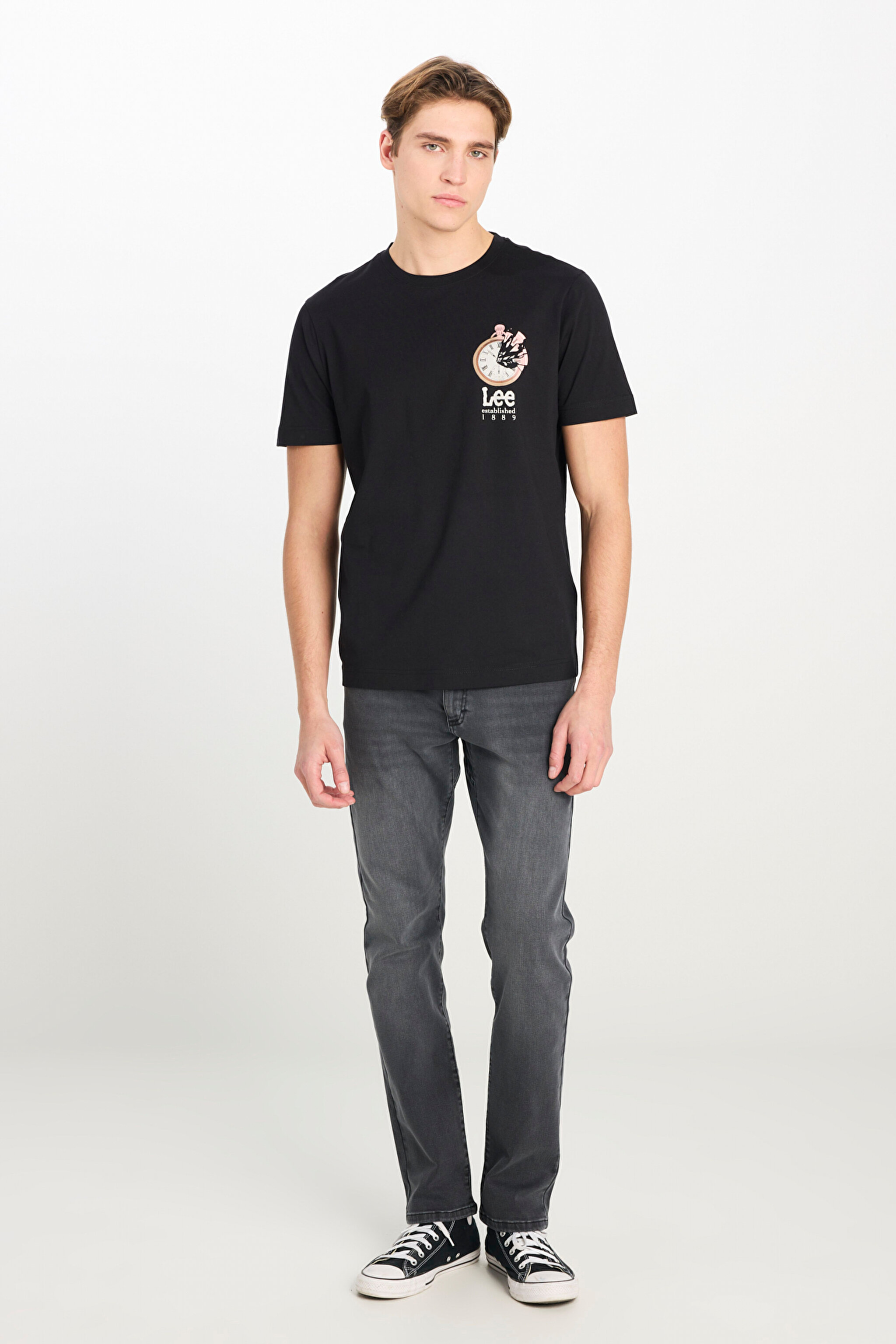 %100 Pamuk Regular Fit Normal Kesim Bisiklet Yaka Baskılı Siyah Tişört - Black-L2510322001 (görsel 3)