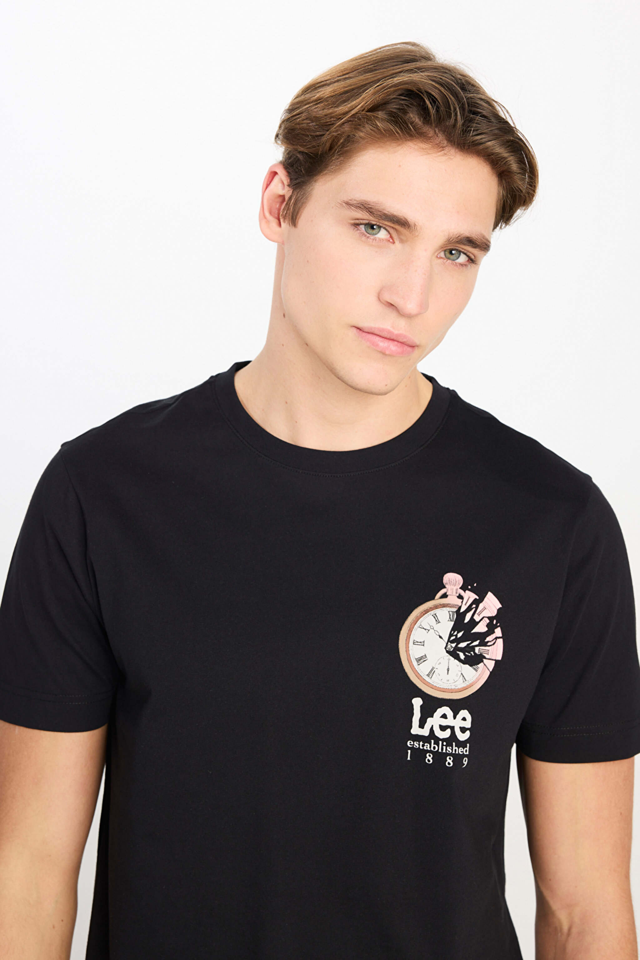 %100 Pamuk Regular Fit Normal Kesim Bisiklet Yaka Baskılı Siyah Tişört - Black-L2510322001 (görsel 4)