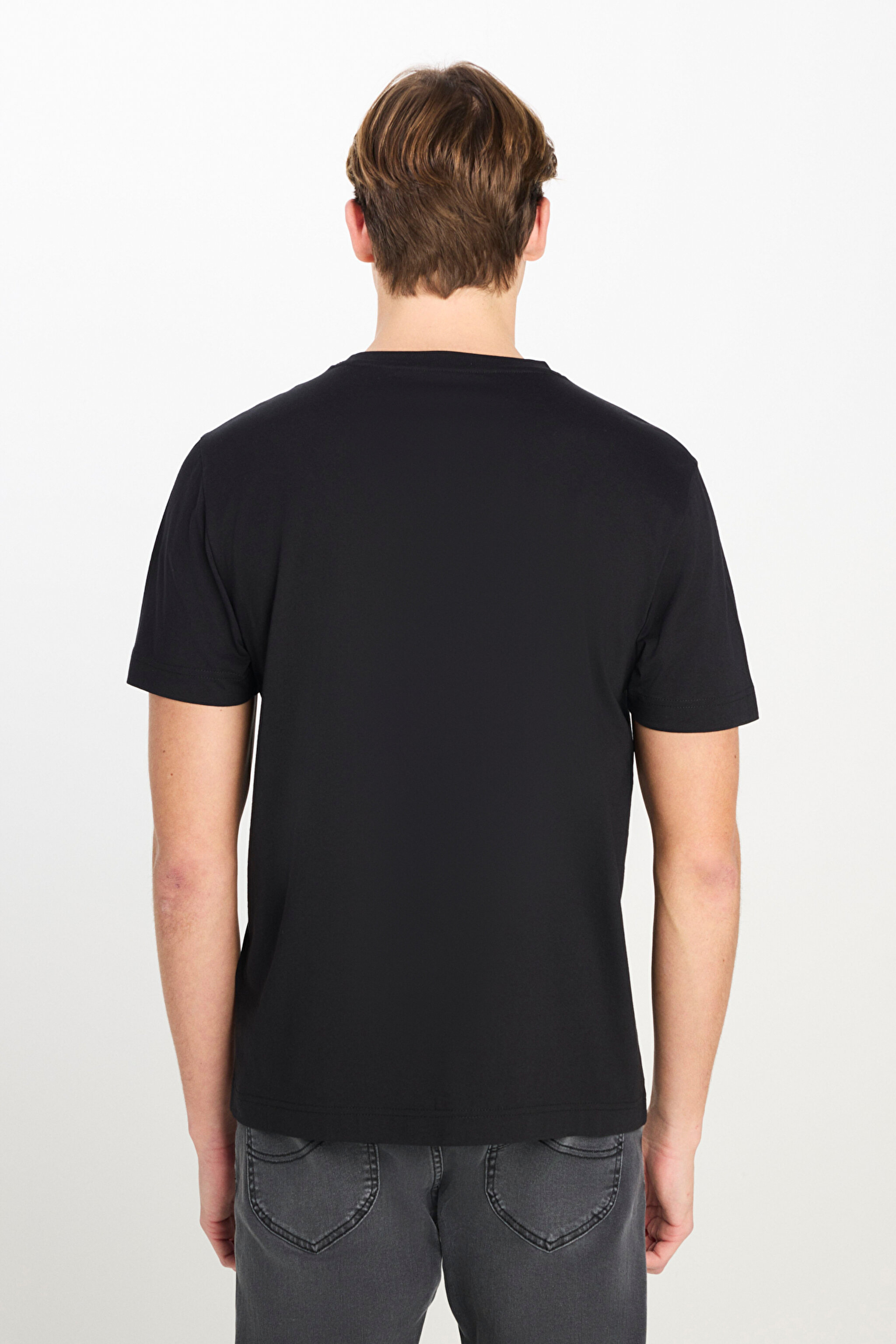 %100 Pamuk Regular Fit Normal Kesim Bisiklet Yaka Baskılı Siyah Tişört - Black-L2510322001 (görsel 5)