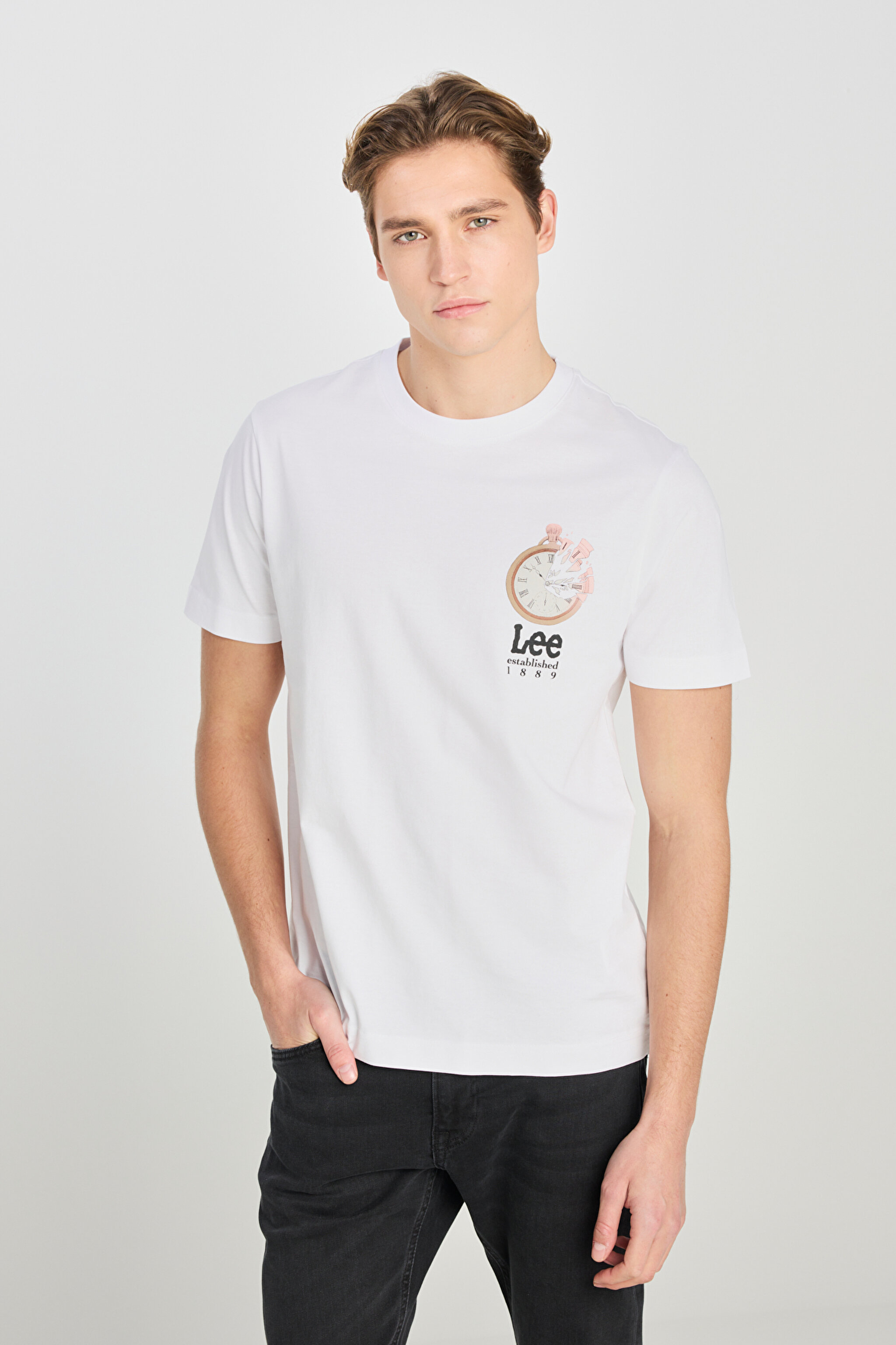%100 Pamuk Regular Fit Normal Kesim Bisiklet Yaka Baskılı Beyaz Tişört - White-L2510322100