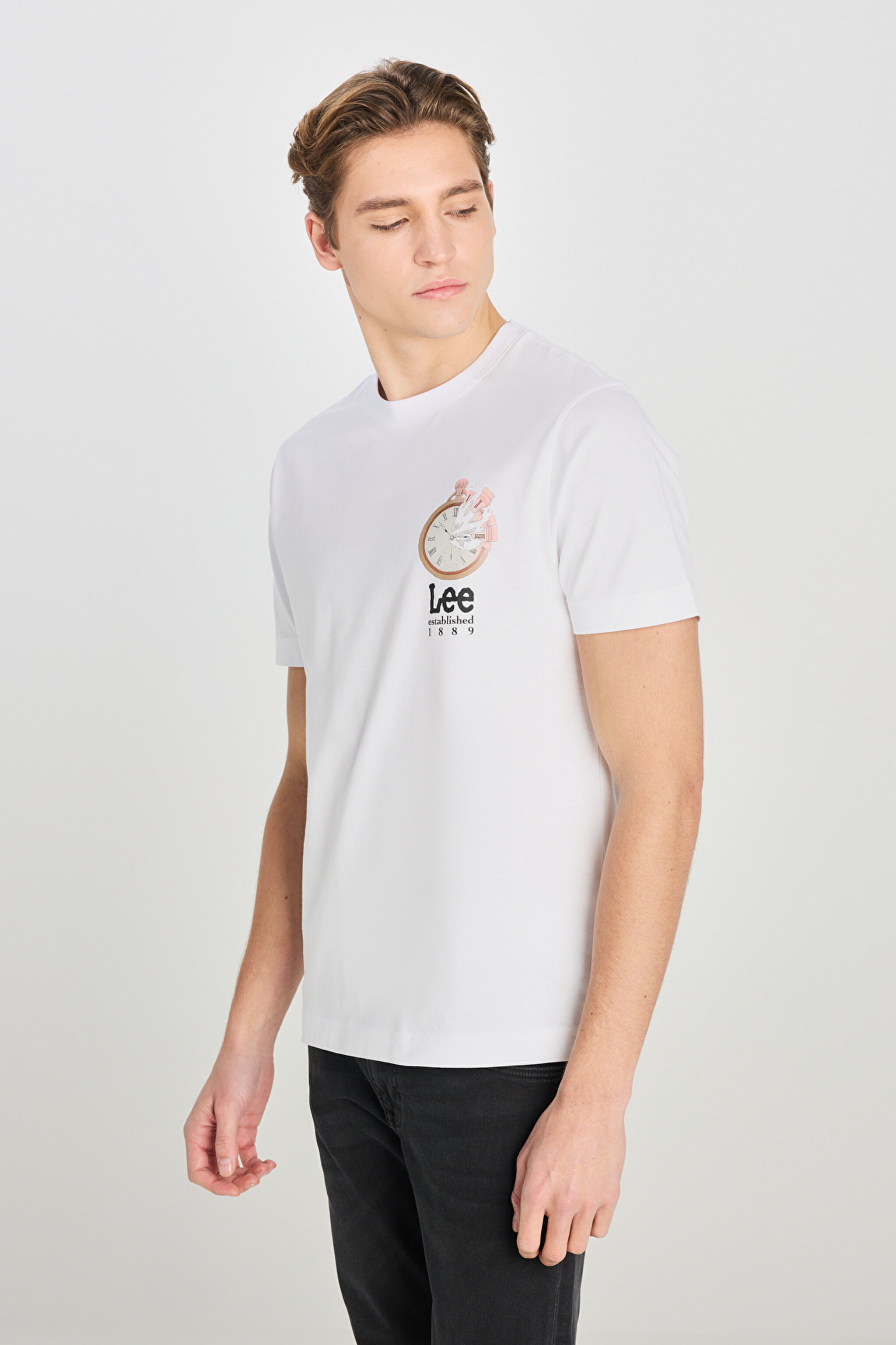 %100 Pamuk Regular Fit Normal Kesim Bisiklet Yaka Baskılı Beyaz Tişört - White-L2510322100 (görsel 2)
