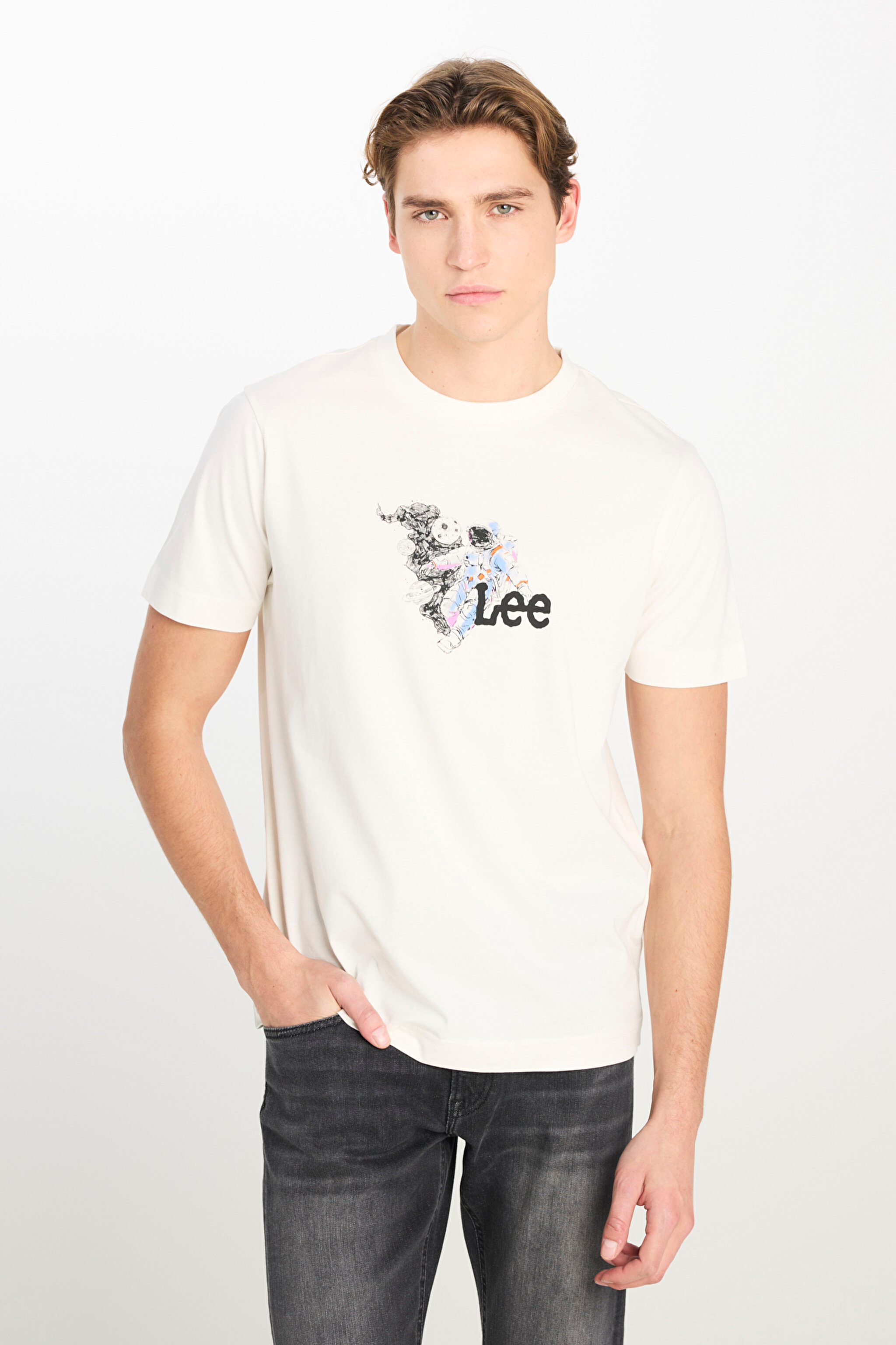%100 Pamuk Regular Fit Normal Kesim Bisiklet Yaka Kırık Beyaz Tişört - Off White-L2510323102