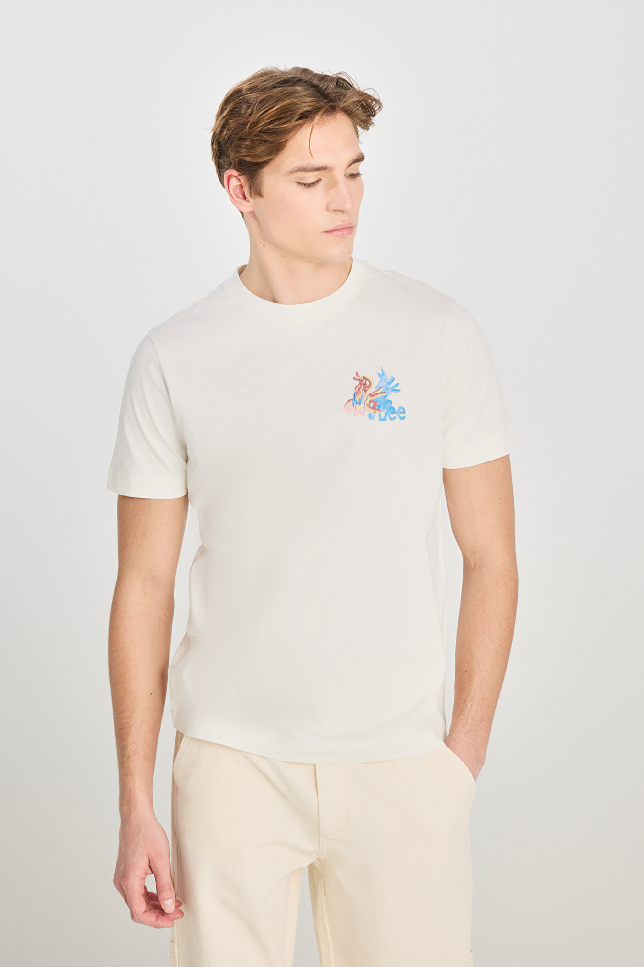%100 Pamuk Regular Fit Normal Kesim Bisiklet Yaka Ekru Tişört - Off White-L2510324102 (görsel 2)