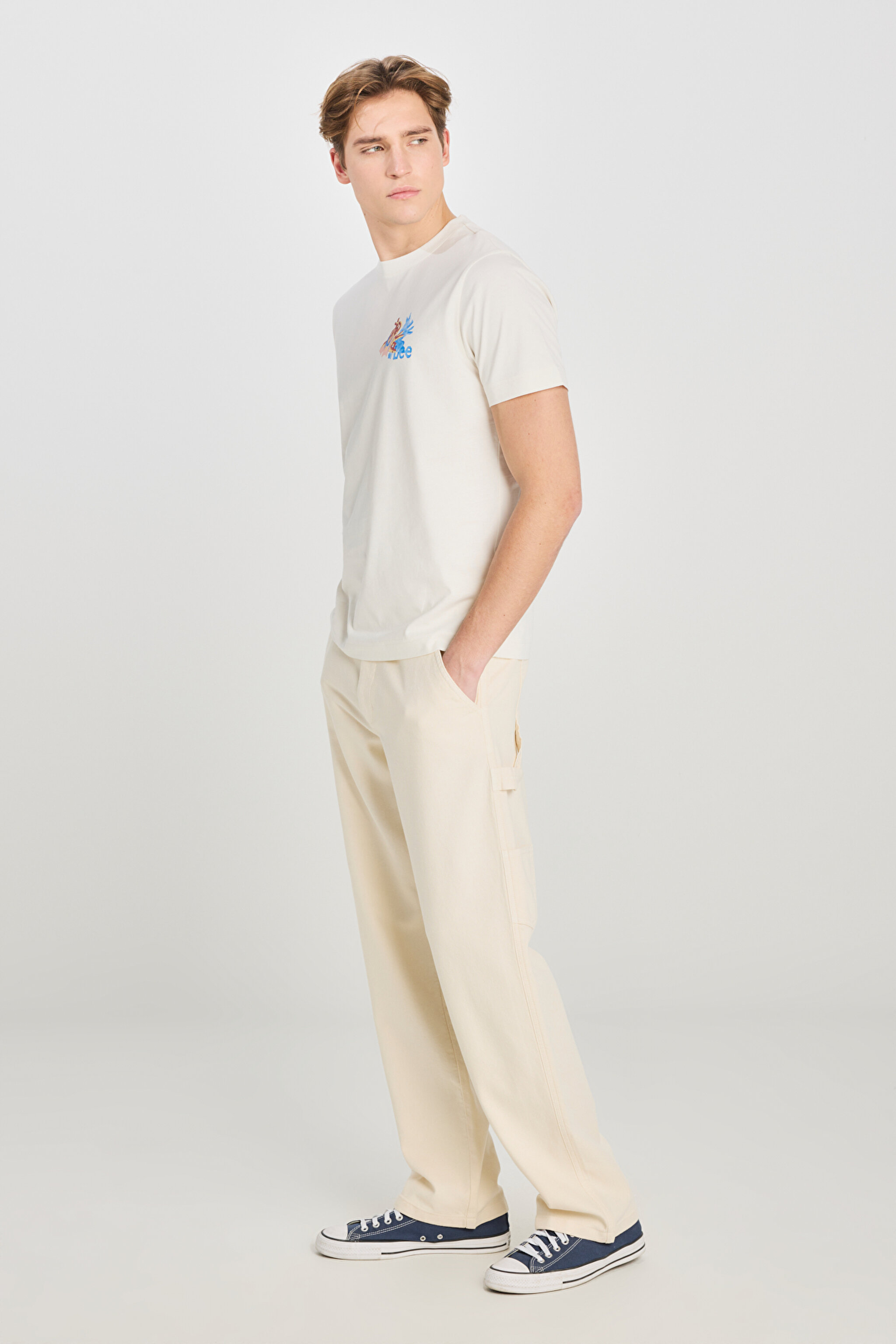 %100 Pamuk Regular Fit Normal Kesim Bisiklet Yaka Ekru Tişört - Off White-L2510324102 (görsel 3)