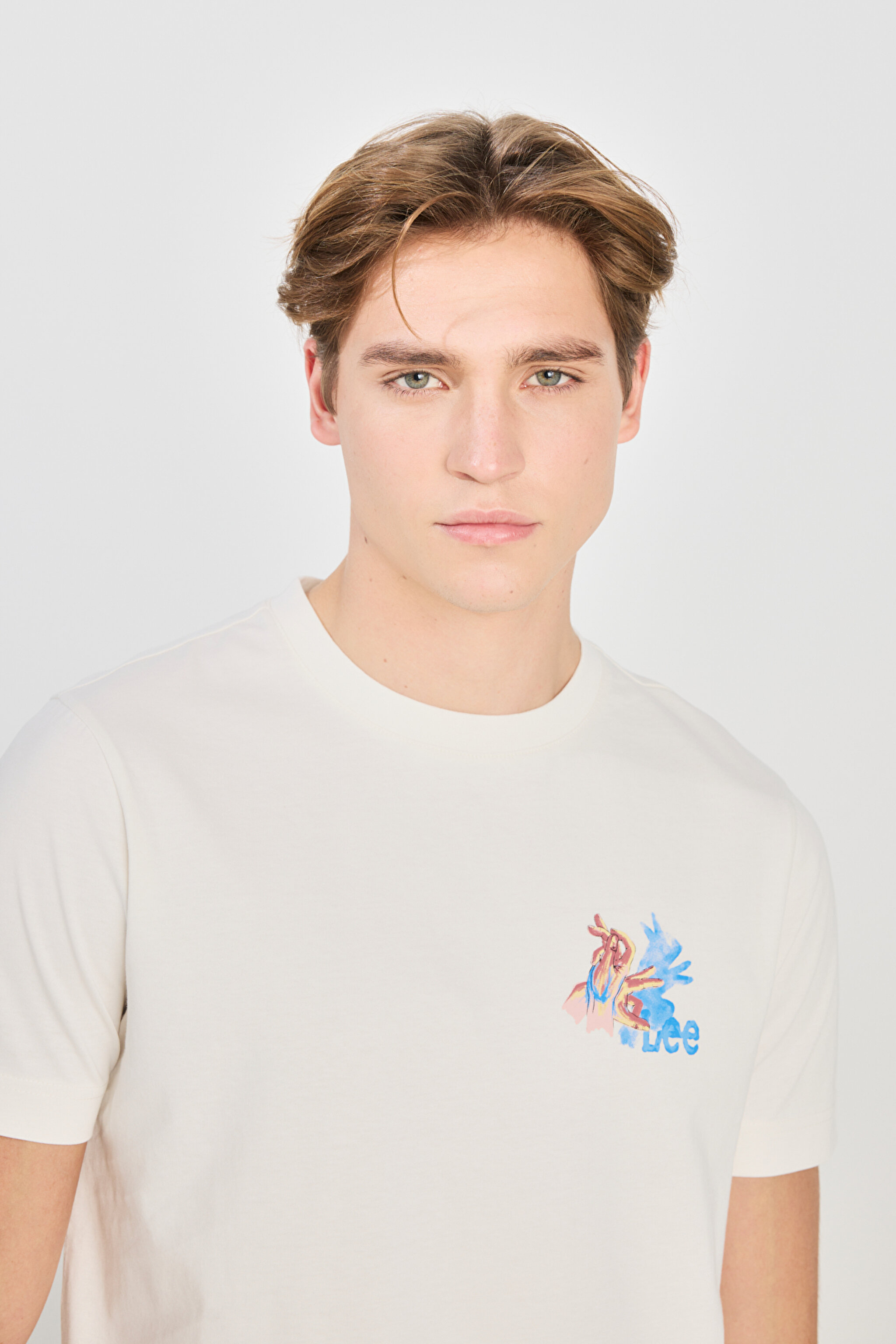 %100 Pamuk Regular Fit Normal Kesim Bisiklet Yaka Ekru Tişört - Off White-L2510324102 (görsel 4)