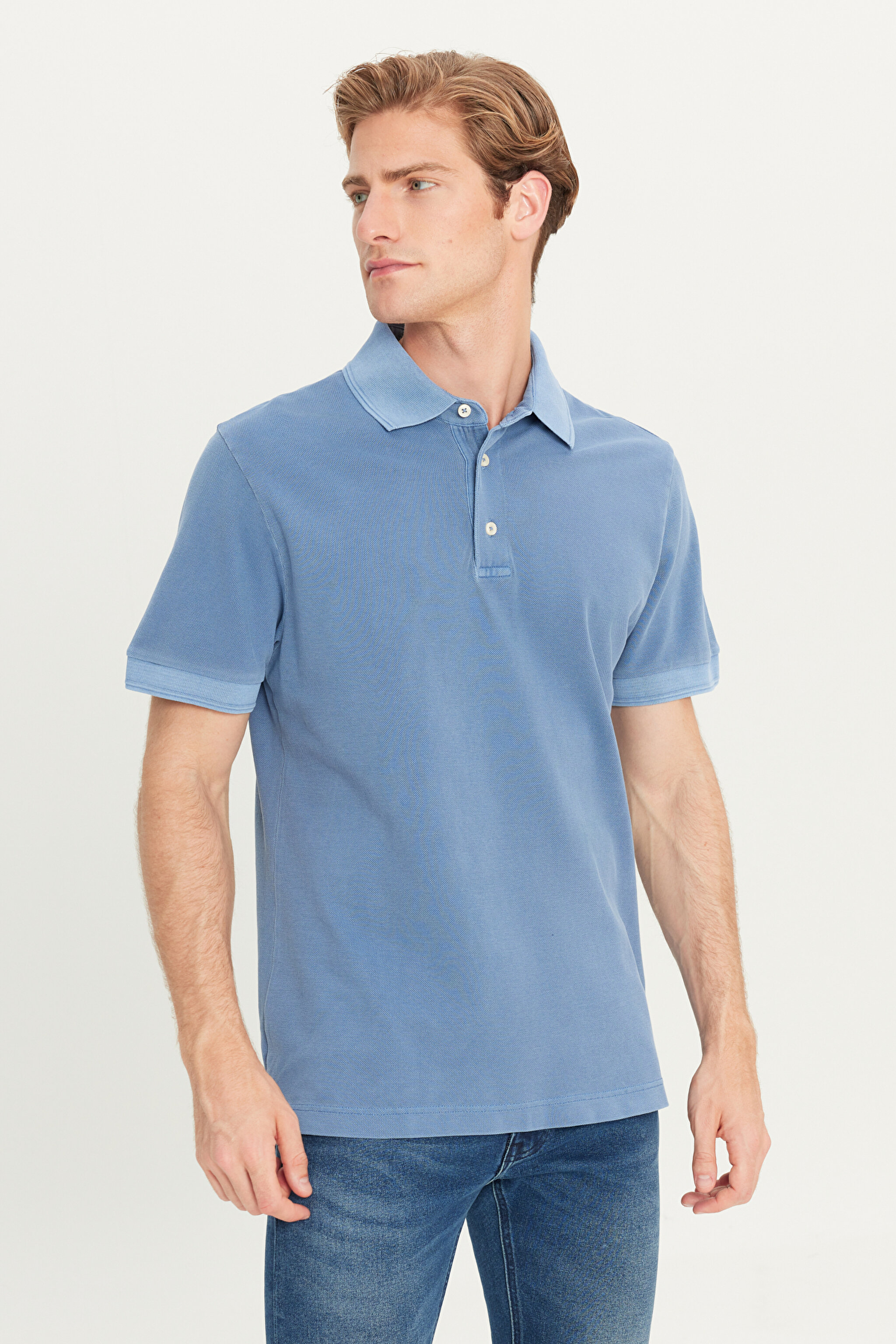 %100 Pamuk Regular Fit Nprmal Kesim Mavi Polo Yaka Tişört - Blue-L2510543400 (görsel 2)