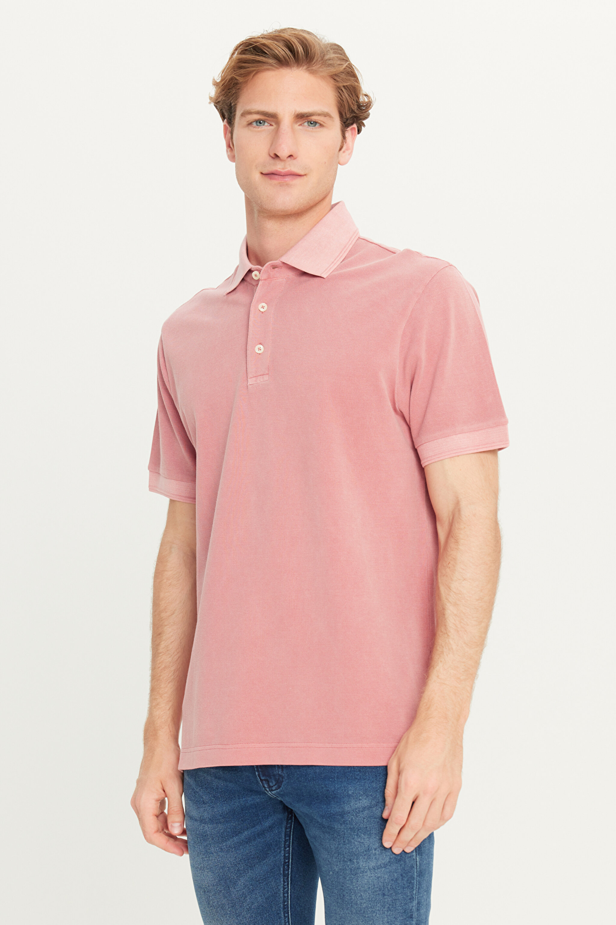 %100 Pamuk Regular Fit Normal Kesim Pembe Polo Yaka Tişört - Pink-L2510543611
