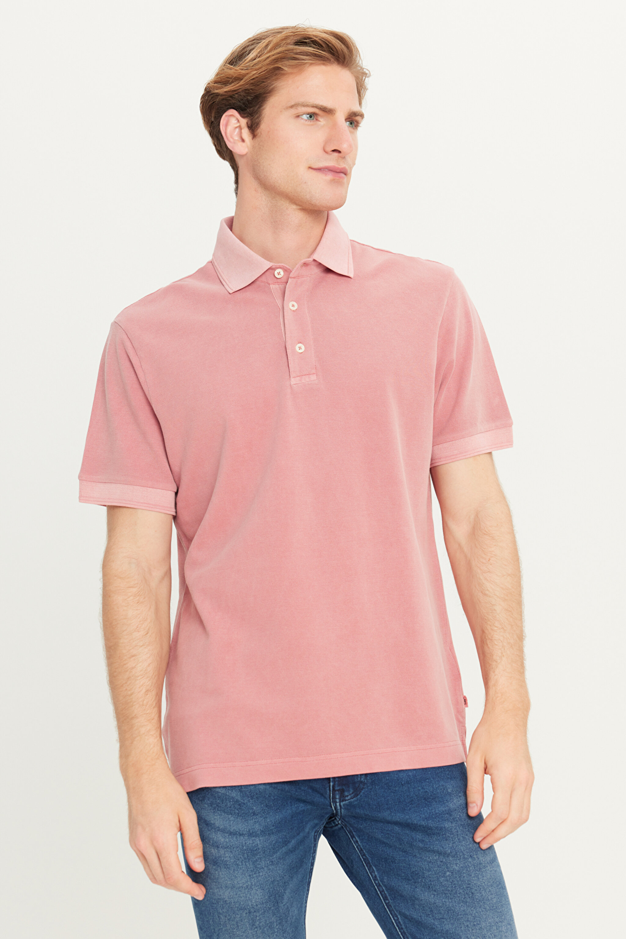 %100 Pamuk Regular Fit Normal Kesim Pembe Polo Yaka Tişört - Pink-L2510543611 (görsel 2)