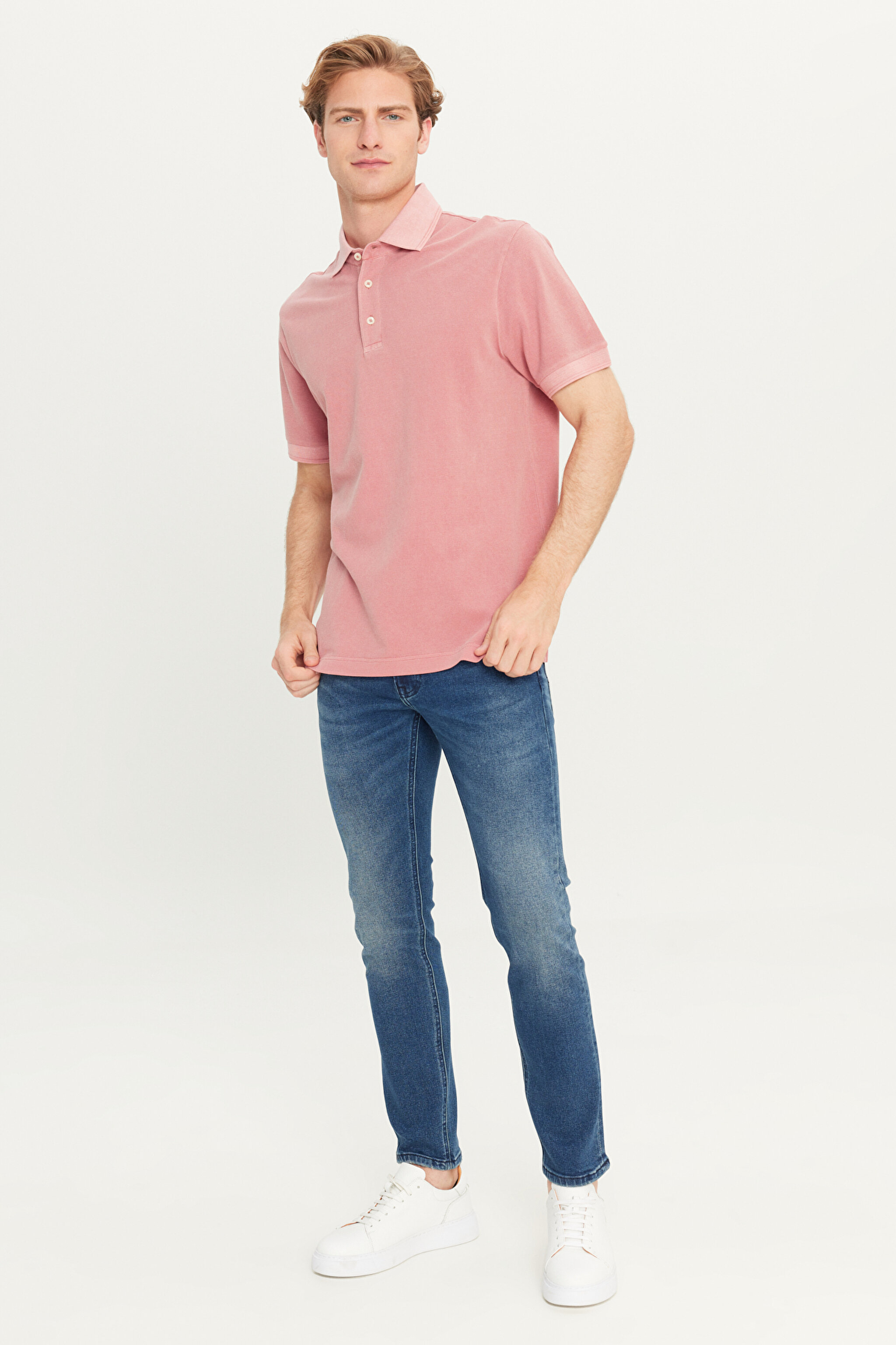 %100 Pamuk Regular Fit Normal Kesim Pembe Polo Yaka Tişört - Pink-L2510543611 (görsel 3)