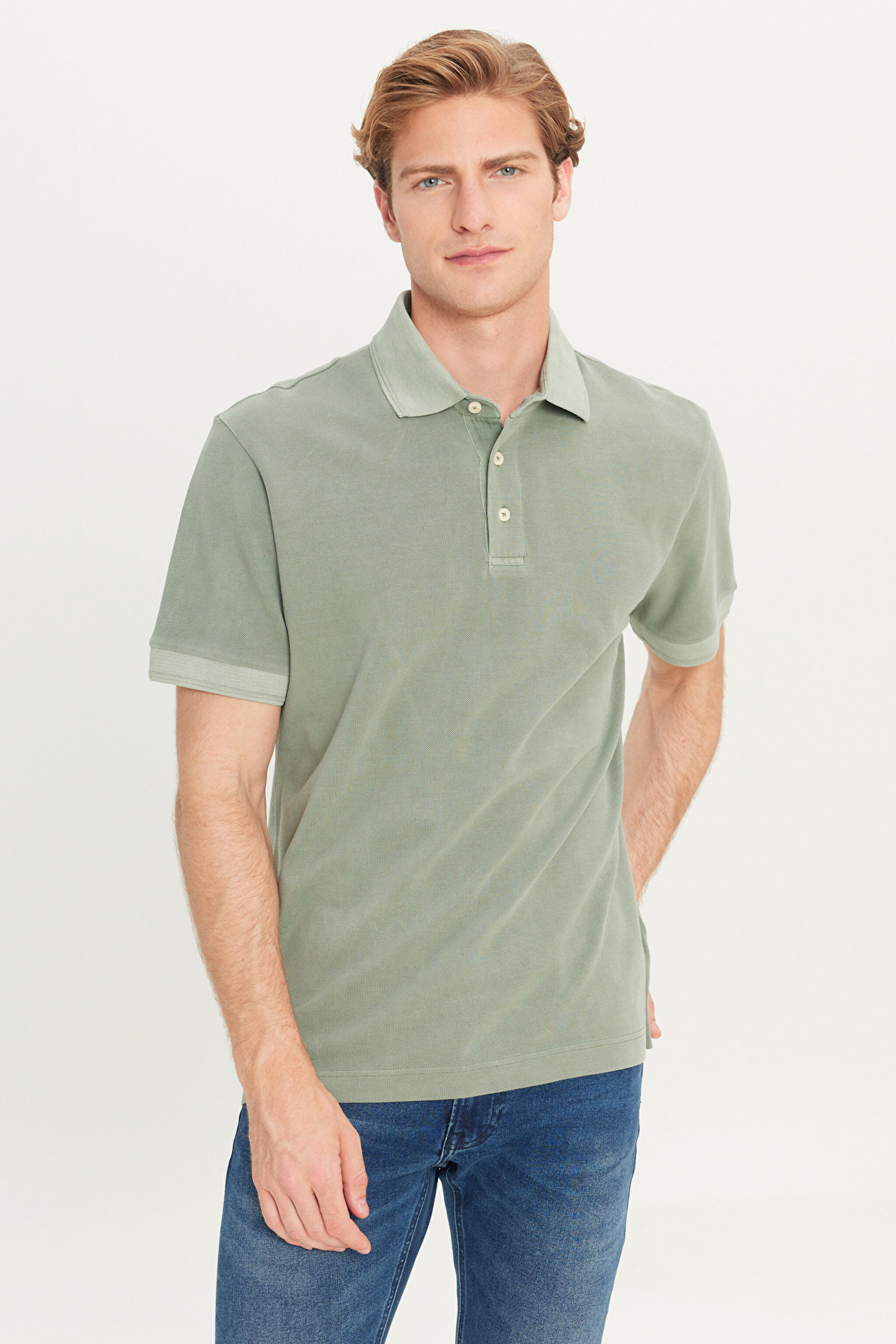 %100 Pamuk Regular Fit Normal Kesim Haki Polo Yaka Tişört - KHAKI-L2510543801