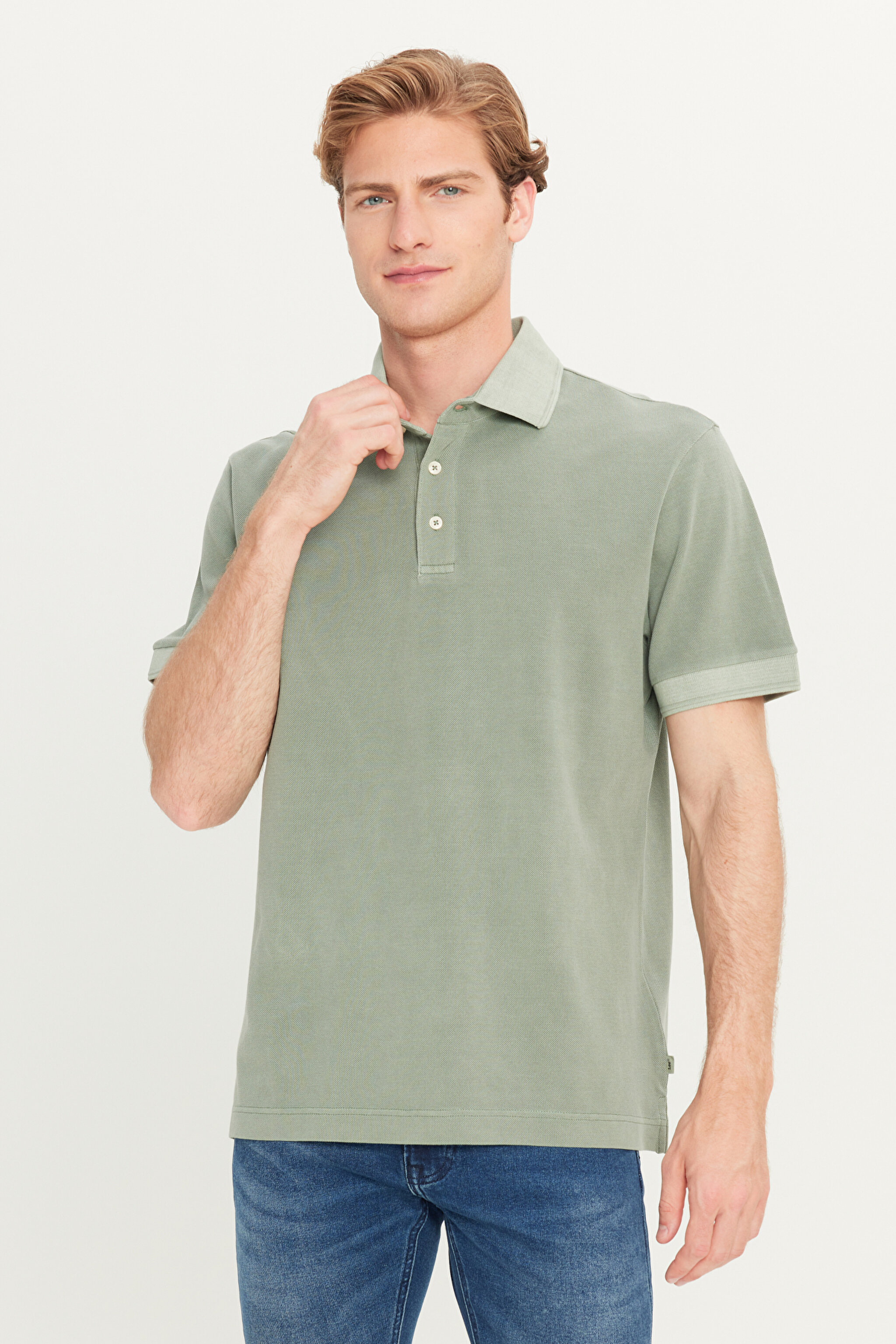 %100 Pamuk Regular Fit Normal Kesim Haki Polo Yaka Tişört - KHAKI-L2510543801 (görsel 2)