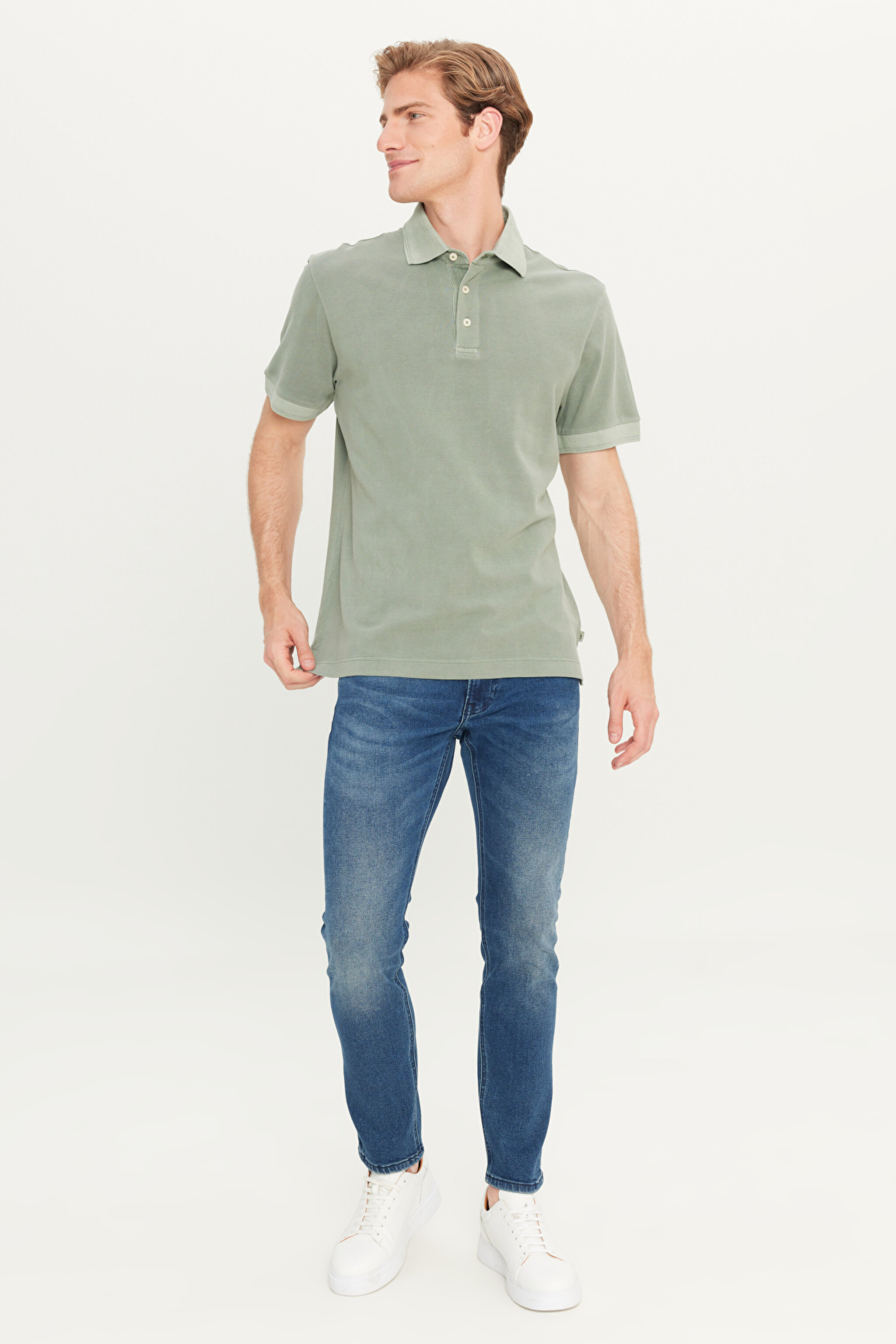 %100 Pamuk Regular Fit Normal Kesim Haki Polo Yaka Tişört - KHAKI-L2510543801 (görsel 3)