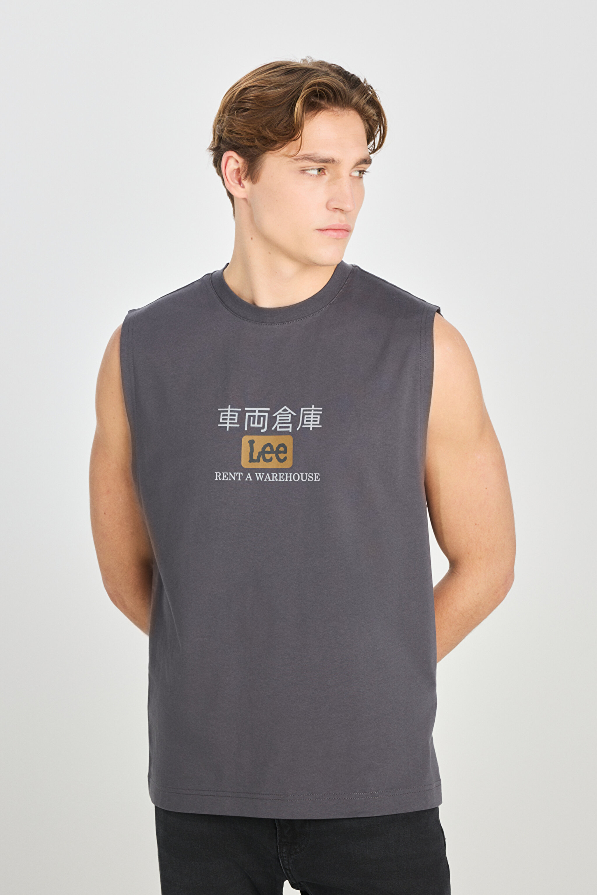 %100 Pamuk Relaxed Fit Geniş Kesim Bisiklet Yaka Baskılı Antasit Tişört - Anthracite-L2510545003