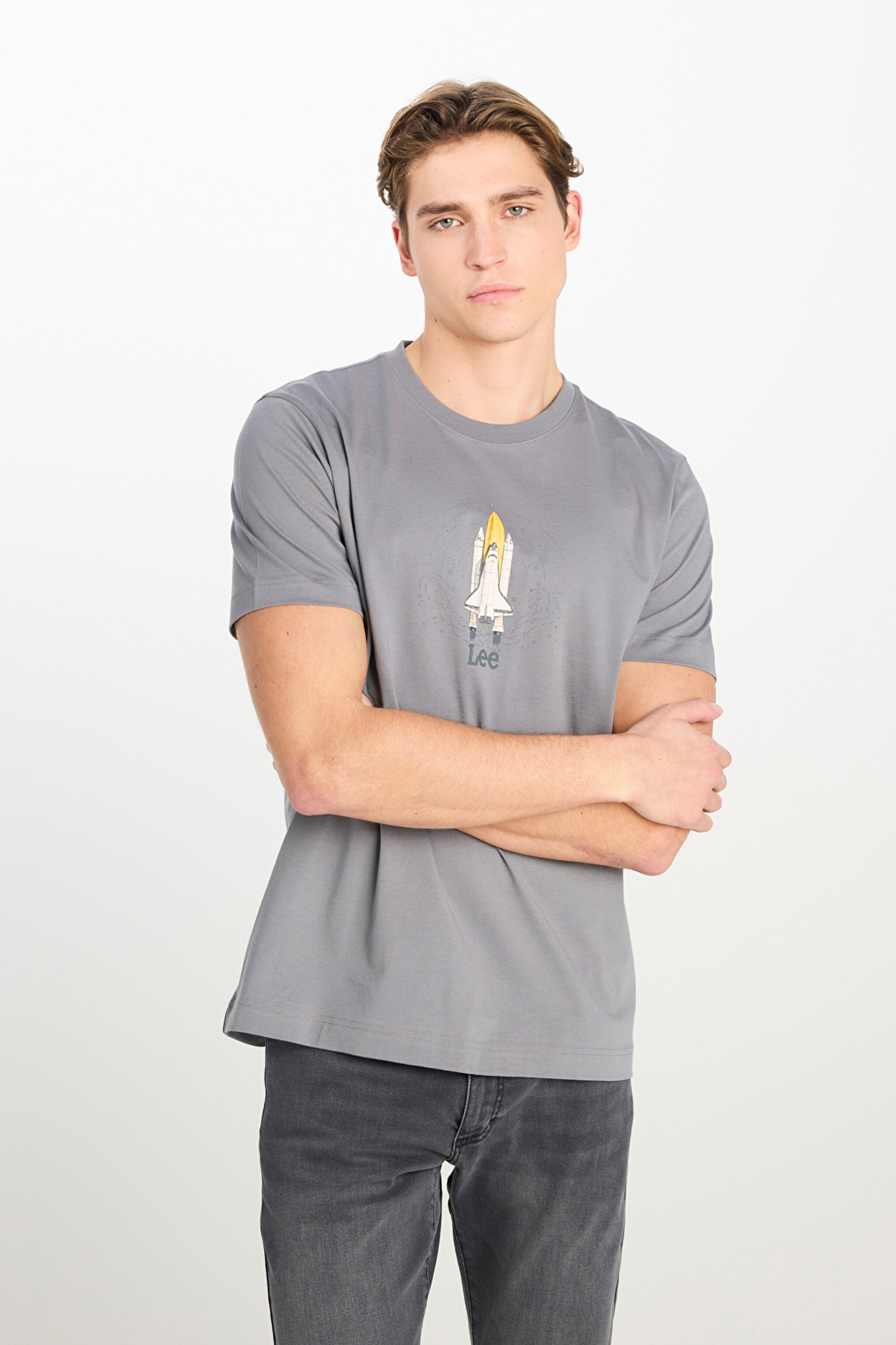 %100 Pamuk Regular Fit Normal Kesim Bisiklet Yaka Baskılı Gri Tişört