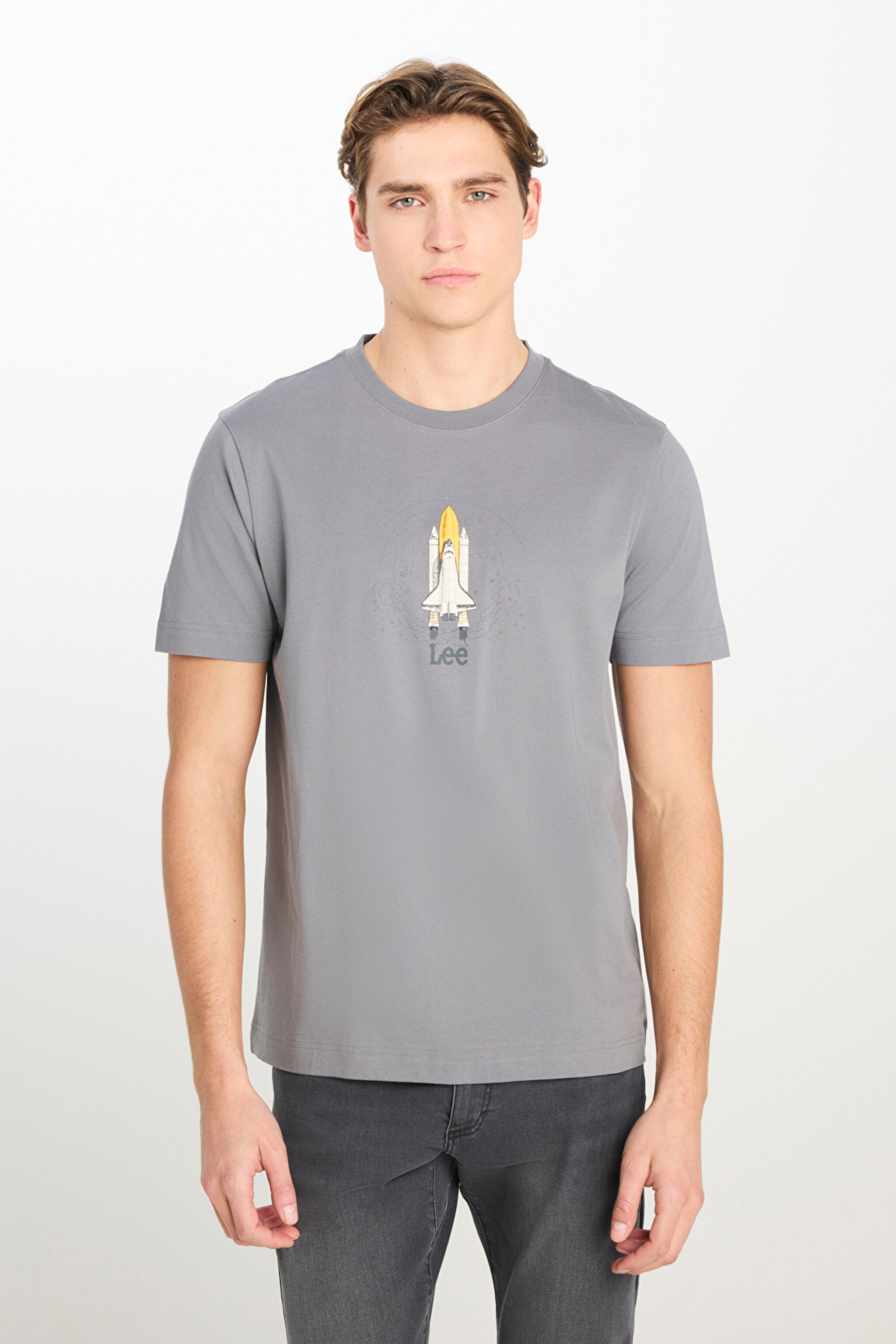 %100 Pamuk Regular Fit Normal Kesim Bisiklet Yaka Baskılı Gri Tişört - Gray-L2510547035 (görsel 2)