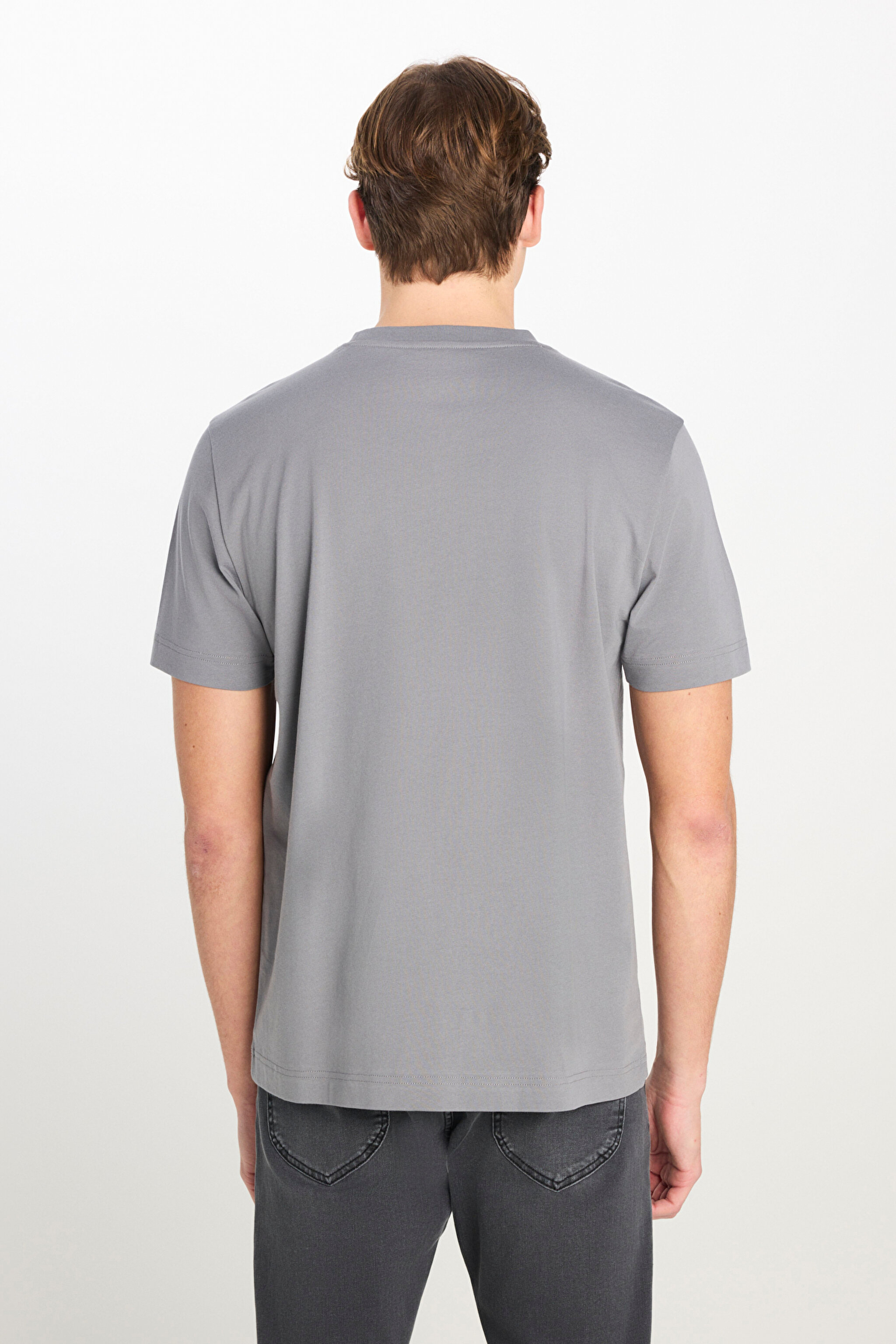 %100 Pamuk Regular Fit Normal Kesim Bisiklet Yaka Baskılı Gri Tişört - Gray-L2510547035 (görsel 5)