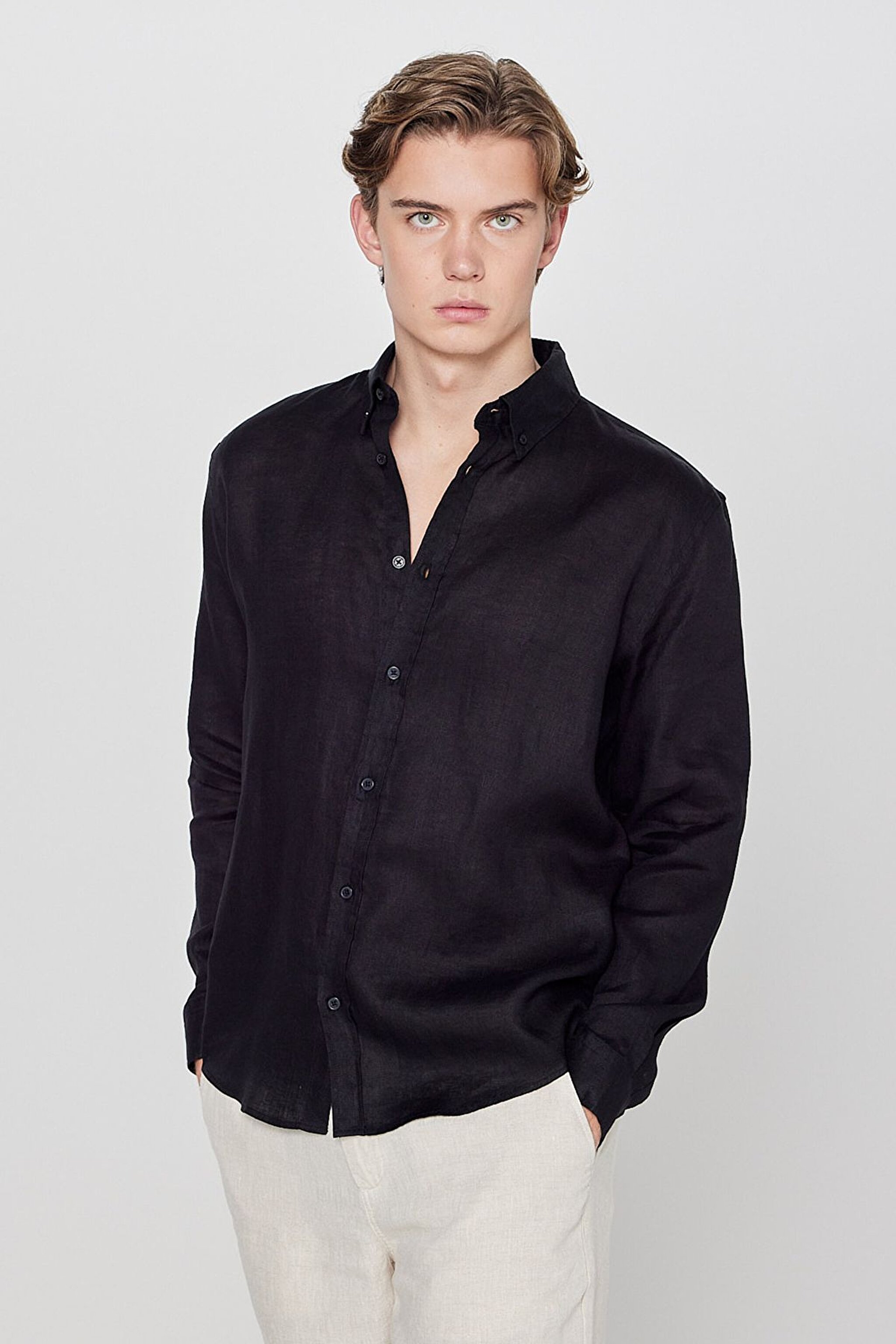 %100 Keten Regular Fit Normal Kesim Siyah Gömlek - Black-L2510549001 (görsel 2)