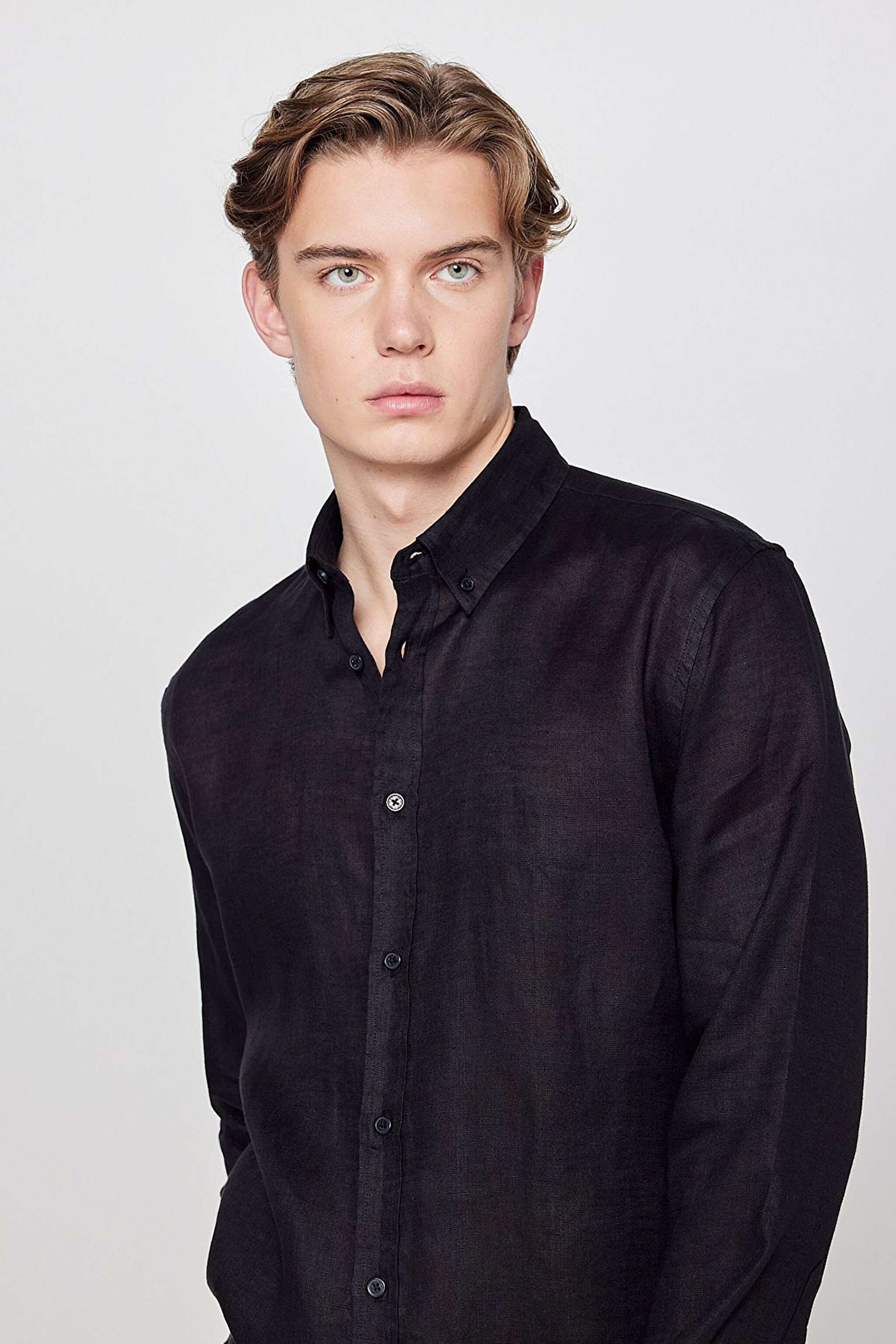 %100 Keten Regular Fit Normal Kesim Siyah Gömlek - Black-L2510549001 (görsel 4)