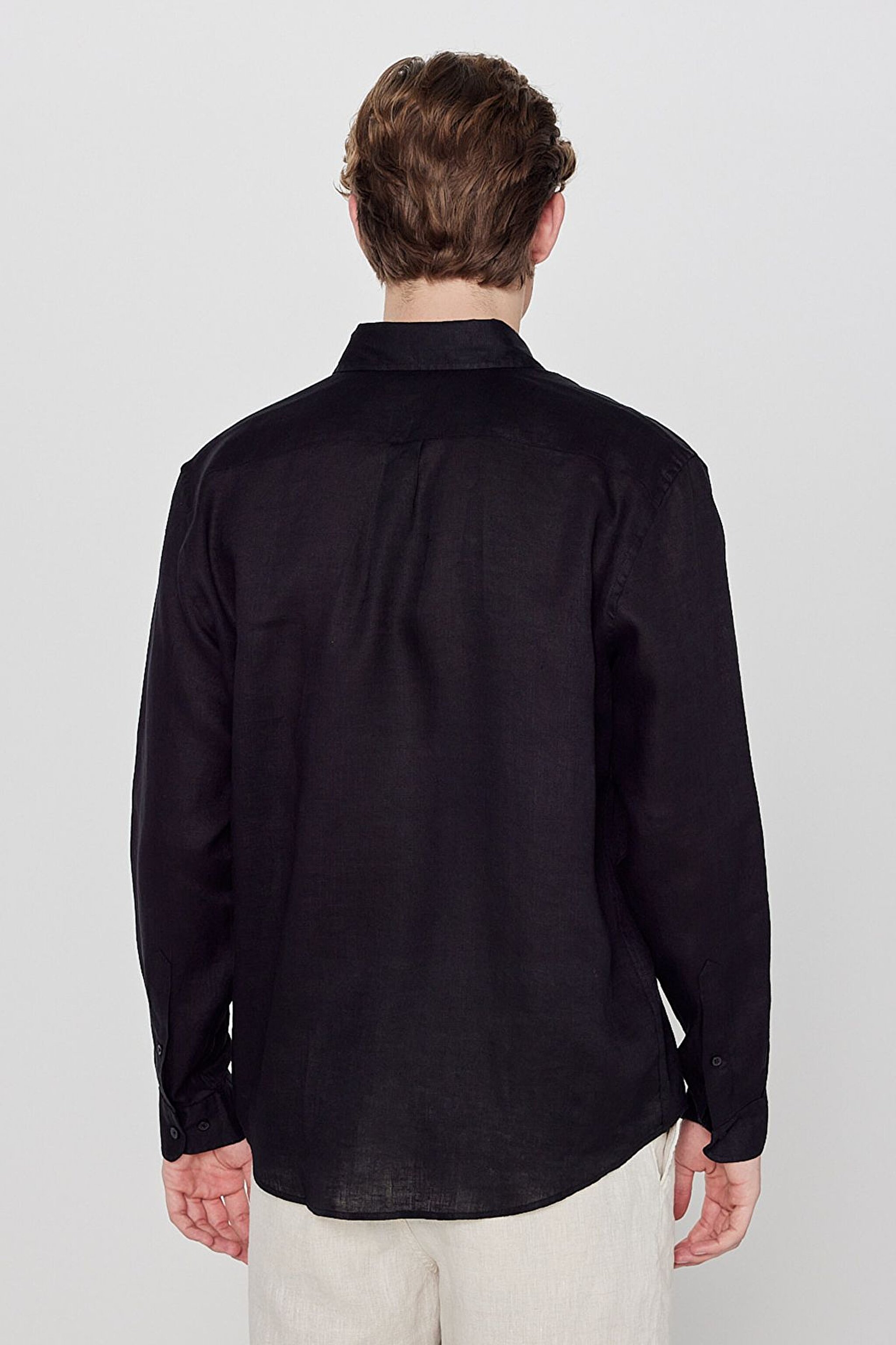 %100 Keten Regular Fit Normal Kesim Siyah Gömlek - Black-L2510549001 (görsel 5)