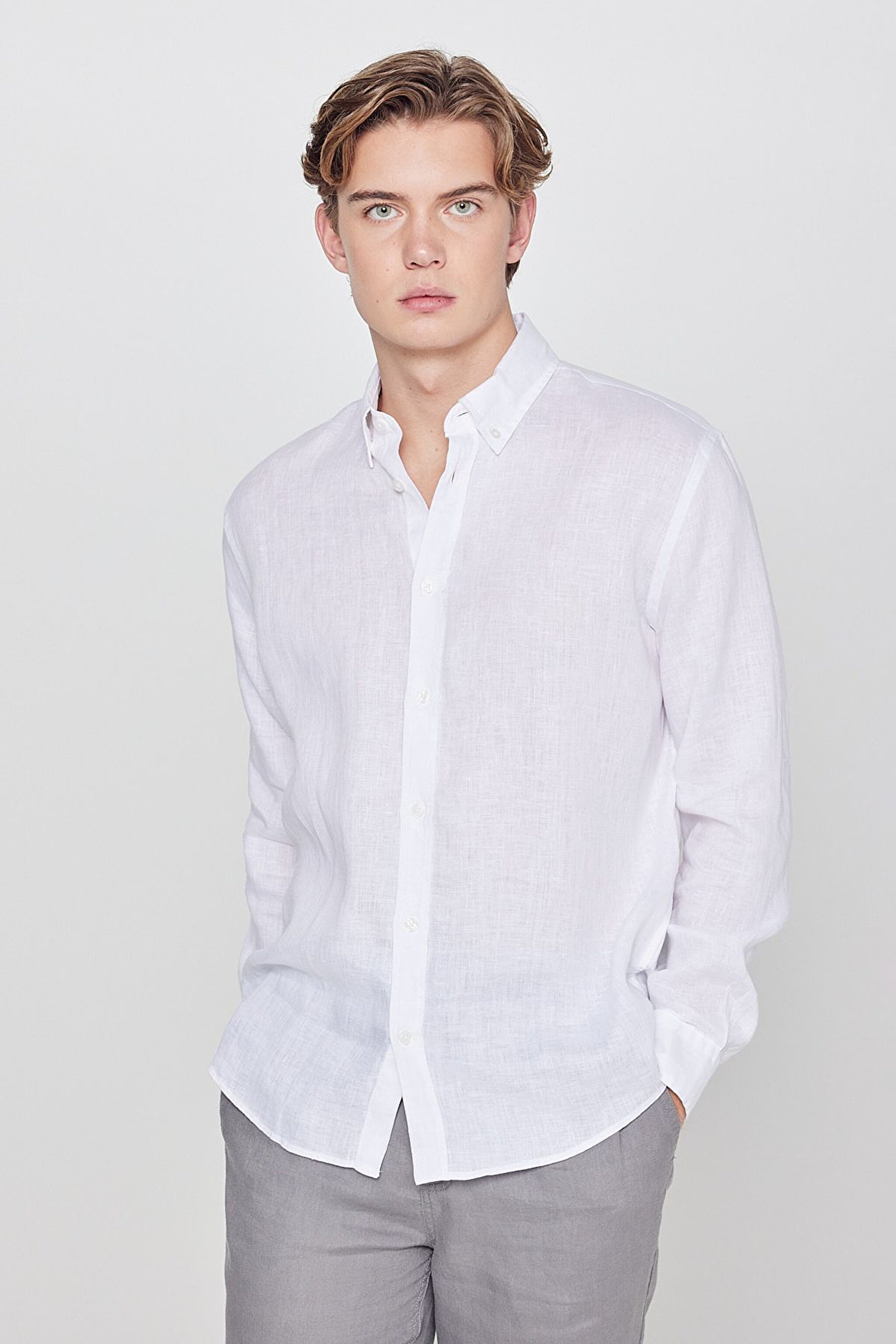 %100 Keten Regular Fit Normal Kesim Beyaz Gömlek - White-L2510549100 (görsel 2)