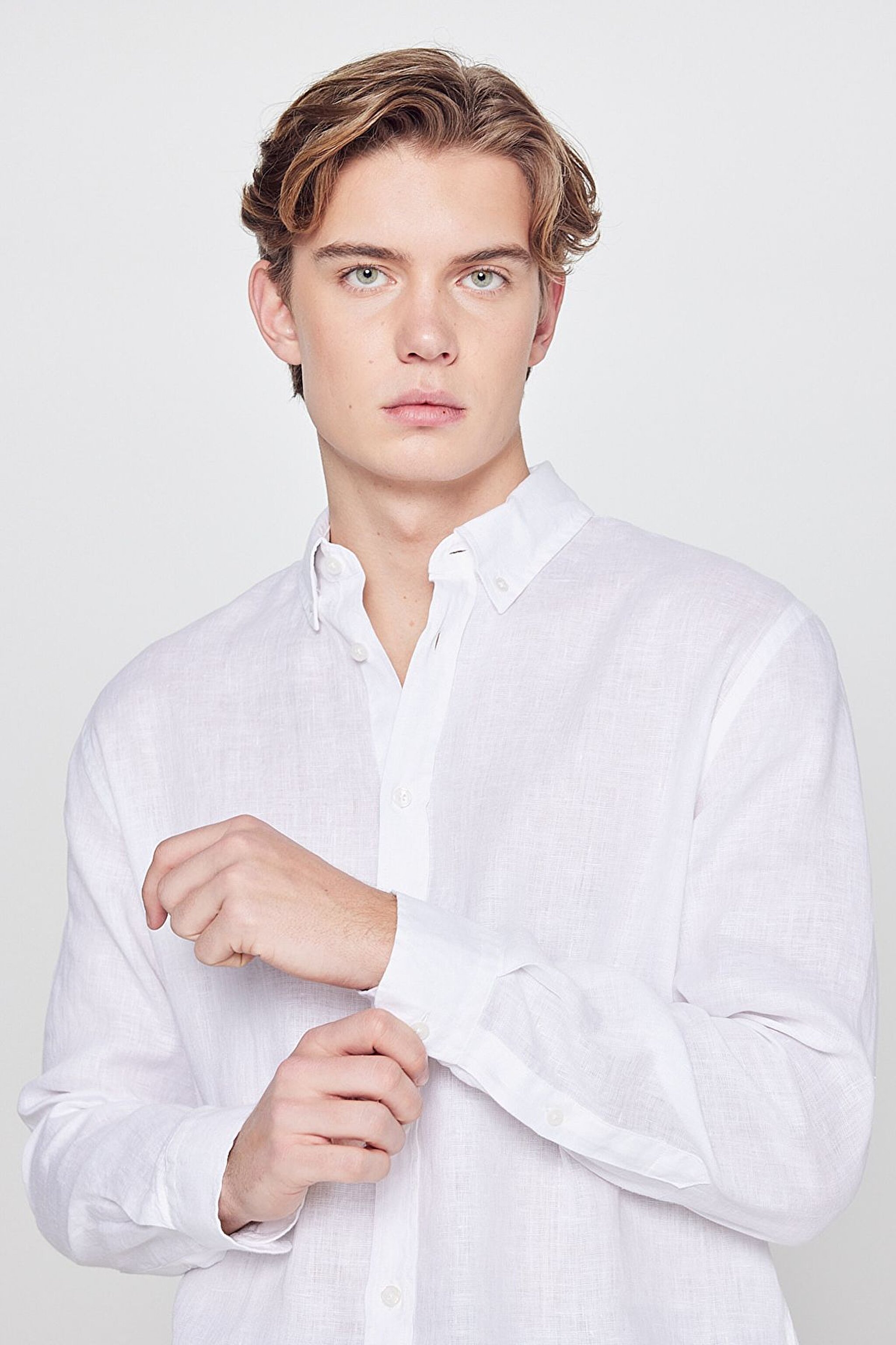 %100 Keten Regular Fit Normal Kesim Beyaz Gömlek - White-L2510549100 (görsel 4)