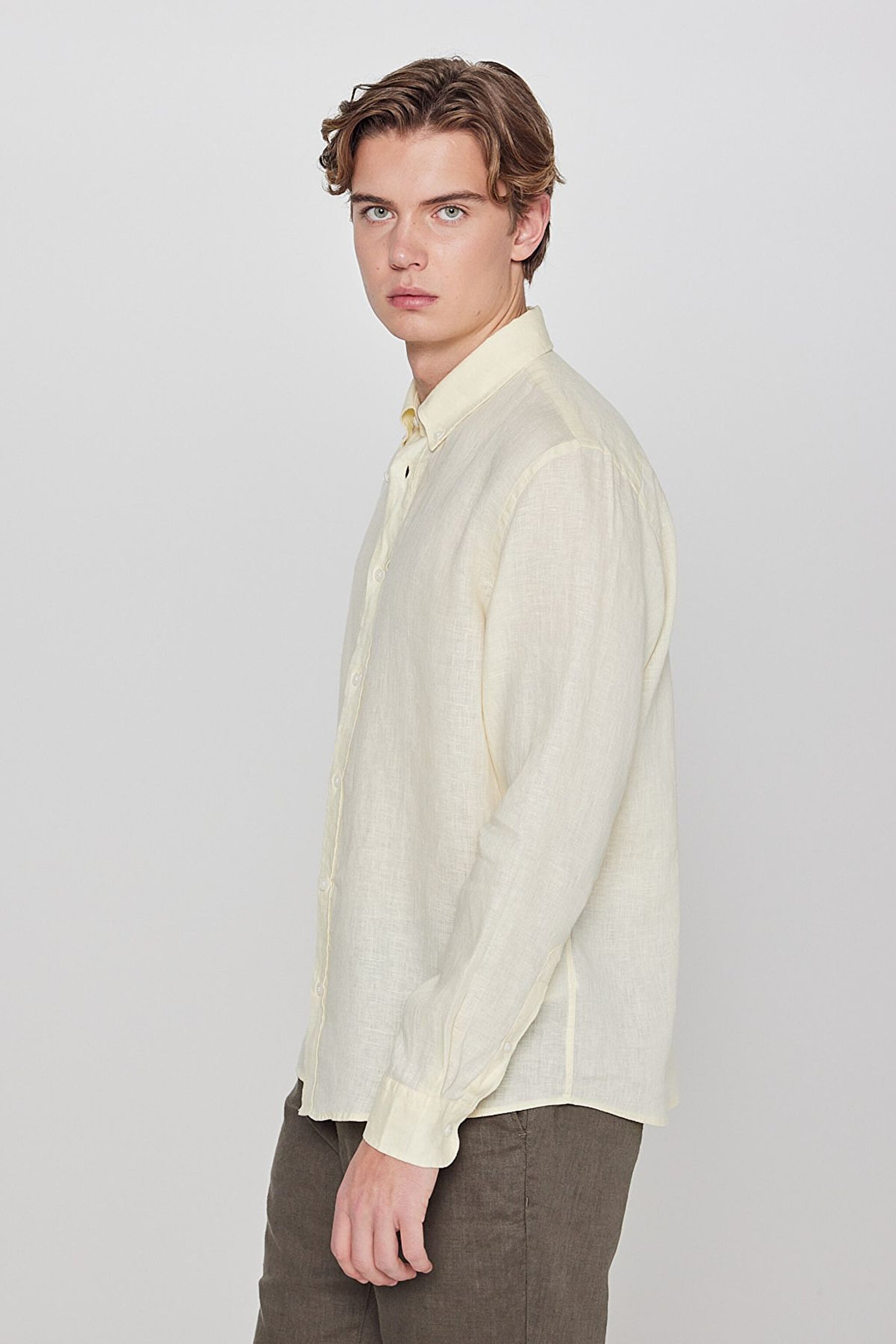 %100 Keten Regular Fit Normal Kesim Sarı Gömlek - Yellow-L2510549200 (görsel 2)