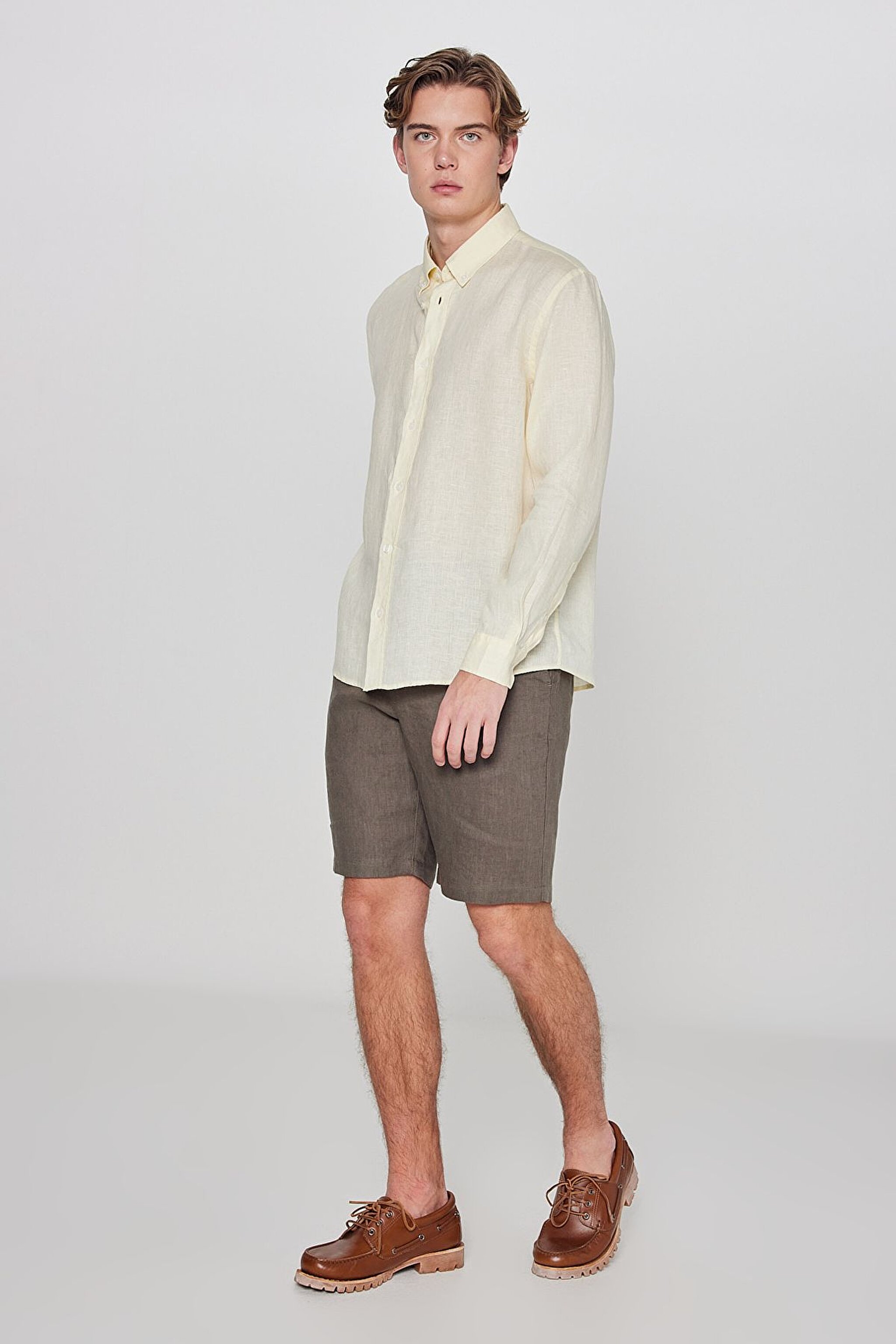 %100 Keten Regular Fit Normal Kesim Sarı Gömlek - Yellow-L2510549200 (görsel 3)