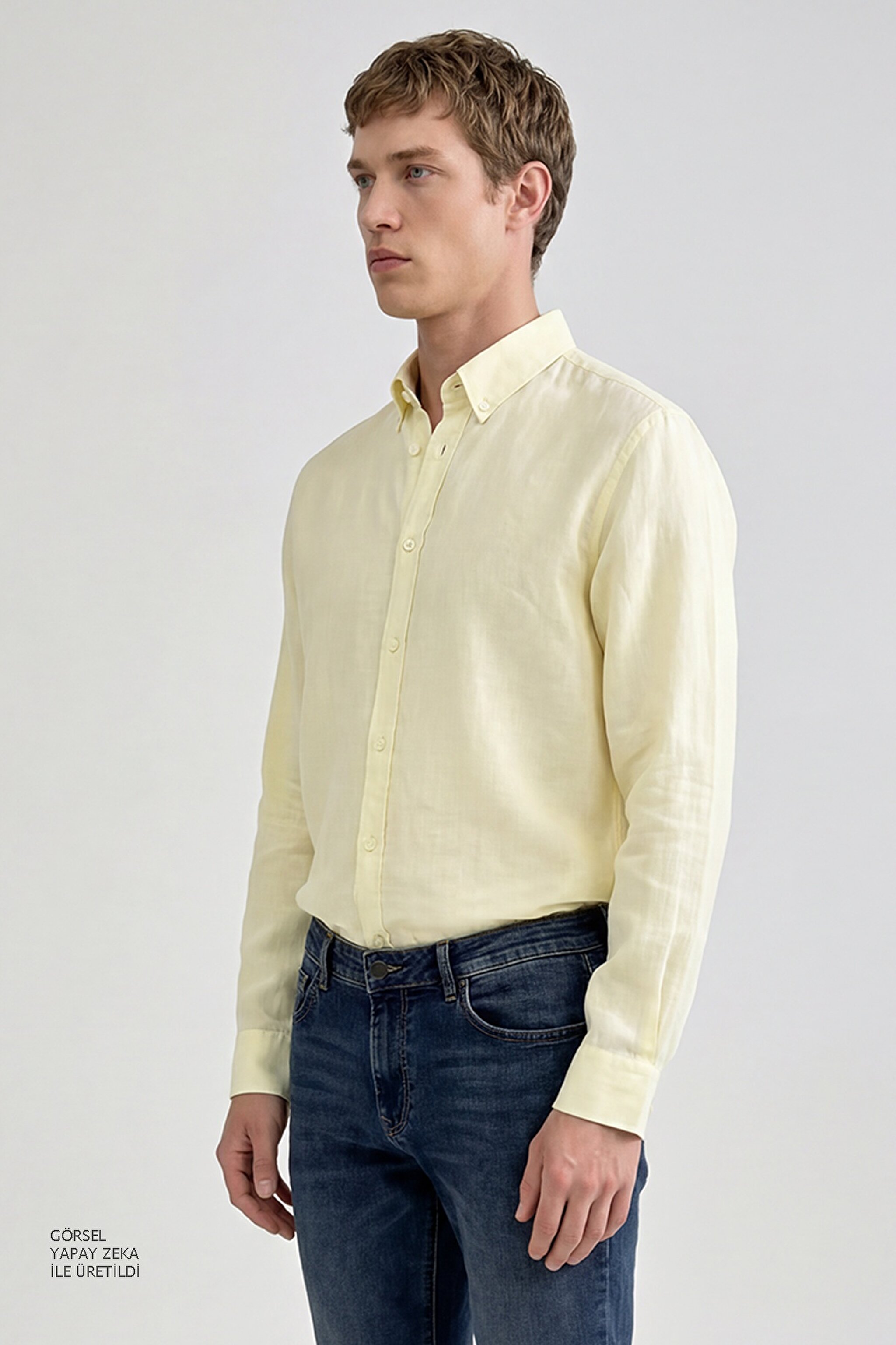 %100 Keten Regular Fit Normal Kesim Sarı Gömlek - Yellow-L2510549200