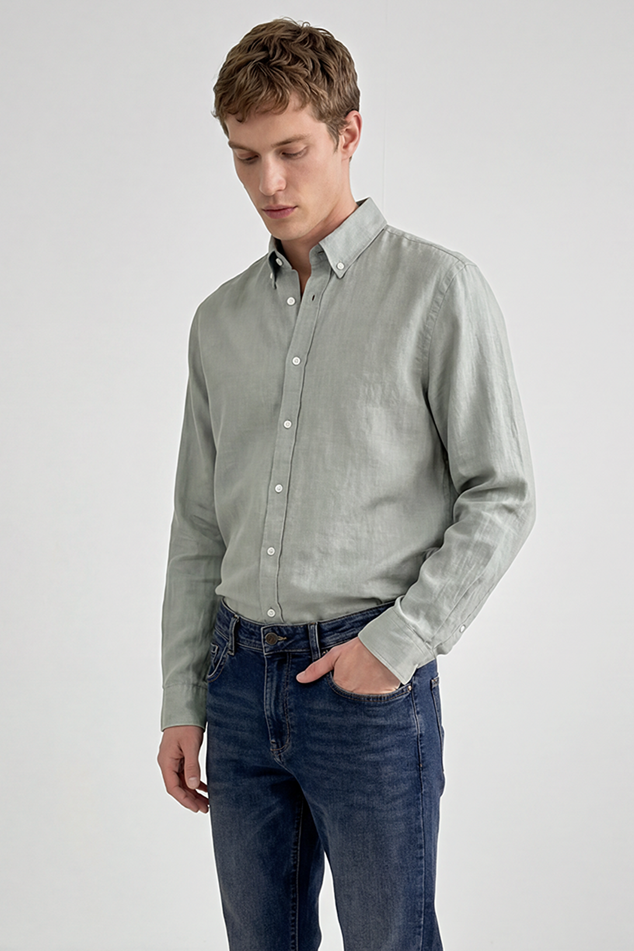 %100 Keten Regular Fit Normal Kesim Siyah Gömlek - Light Green-L2510549299 (görsel 3)