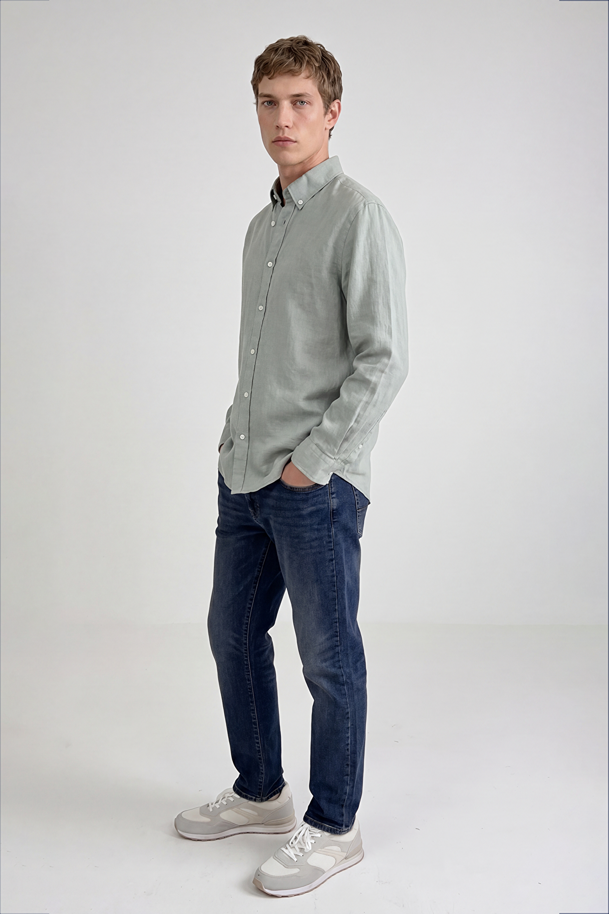 %100 Keten Regular Fit Normal Kesim Siyah Gömlek - Light Green-L2510549299 (görsel 4)
