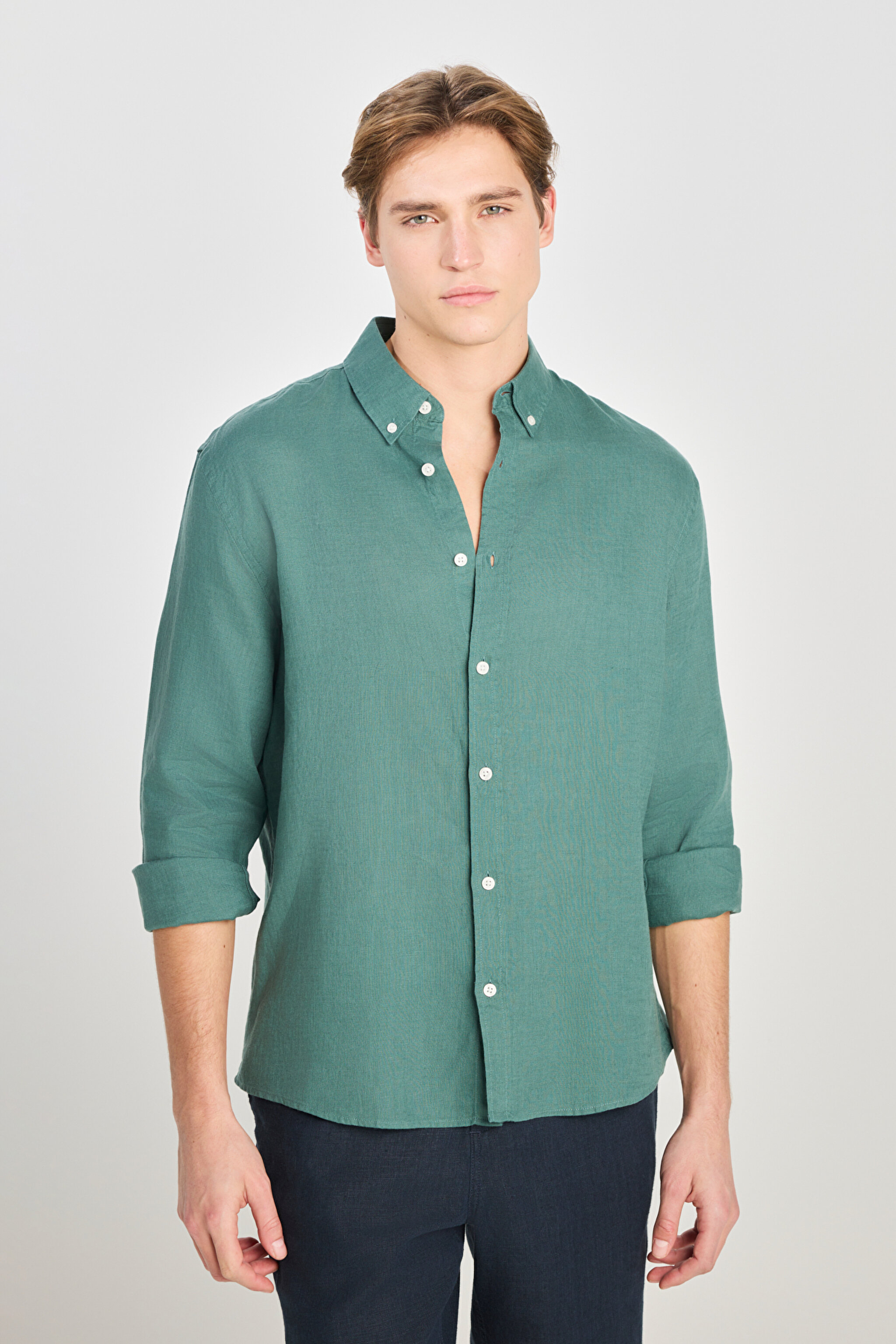 %100 Keten Regular Fit Normal Kesim Yeşil Gömlek