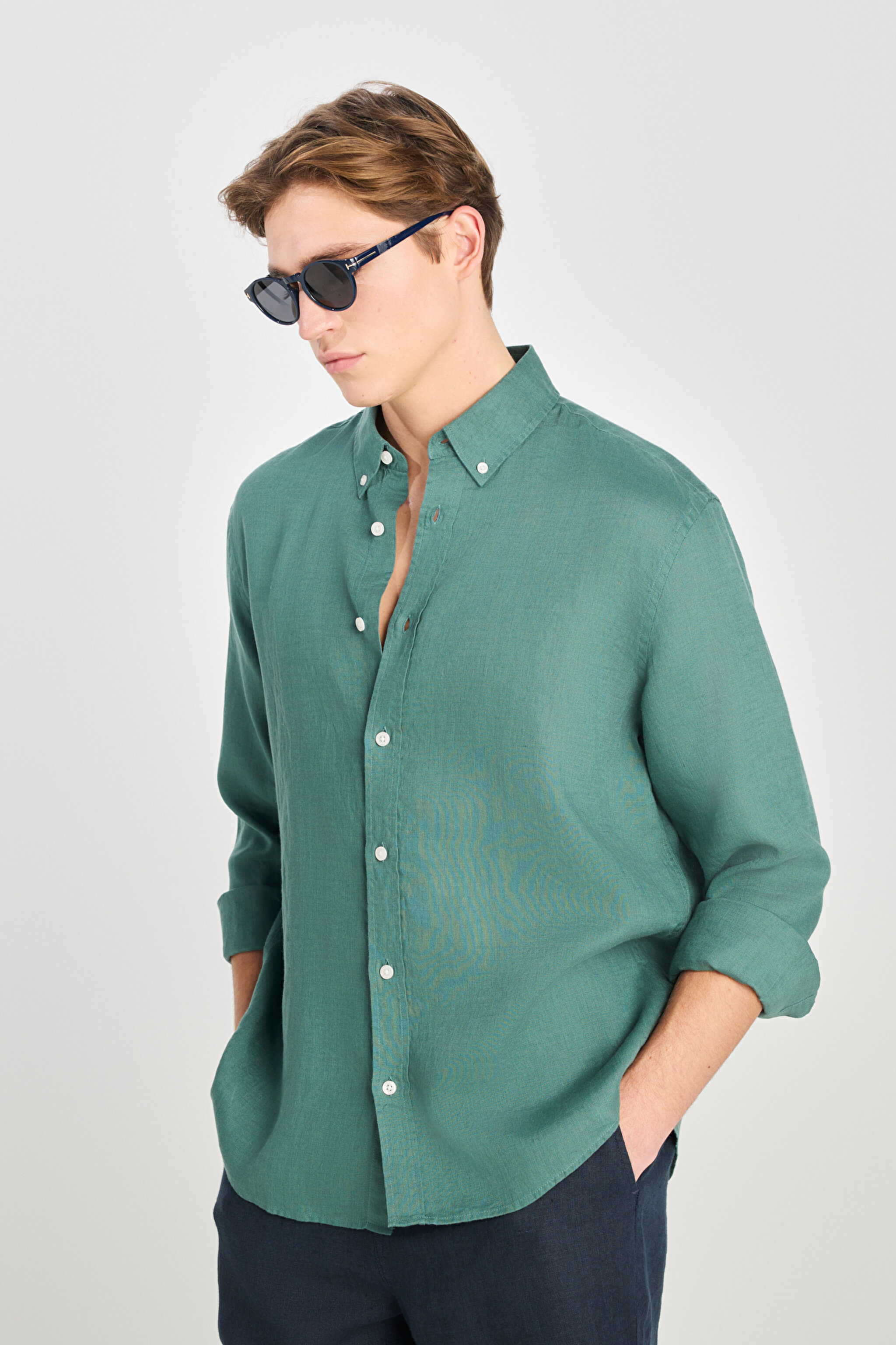 %100 Keten Regular Fit Normal Kesim Yeşil Gömlek - Green-L2510549300 (görsel 2)
