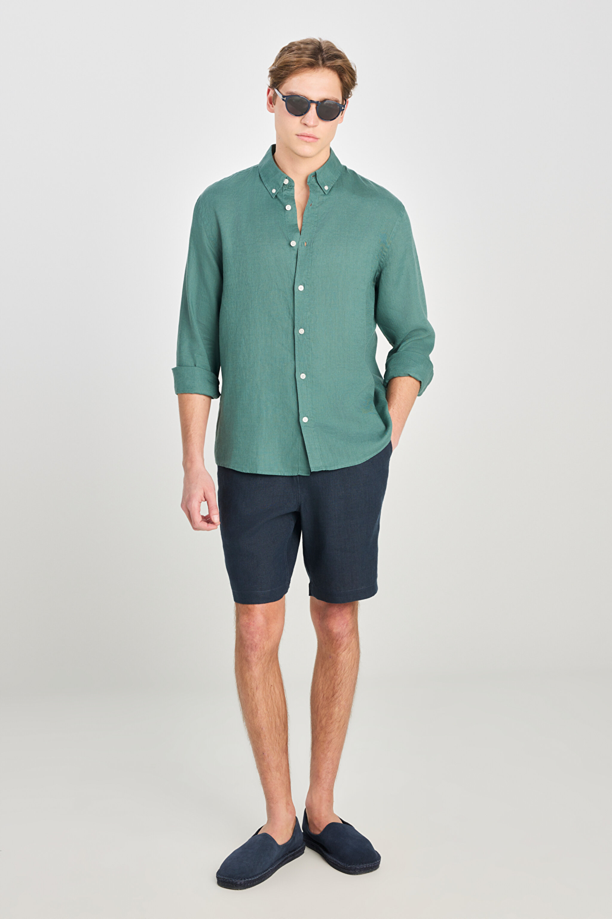 %100 Keten Regular Fit Normal Kesim Yeşil Gömlek - Green-L2510549300 (görsel 3)