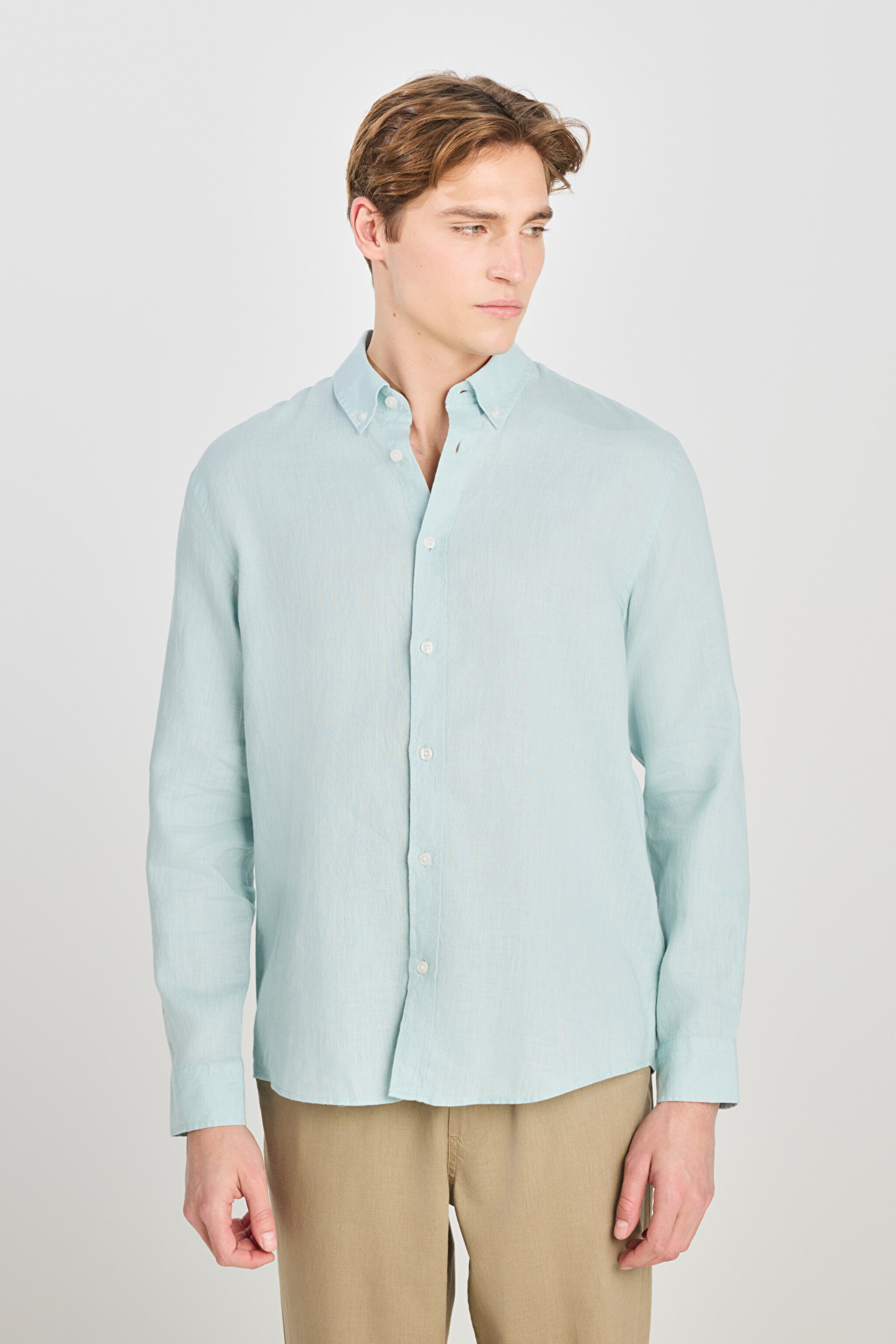 %100 Keten Regular Fit Normal Kesim Mint Yeşili Gömlek