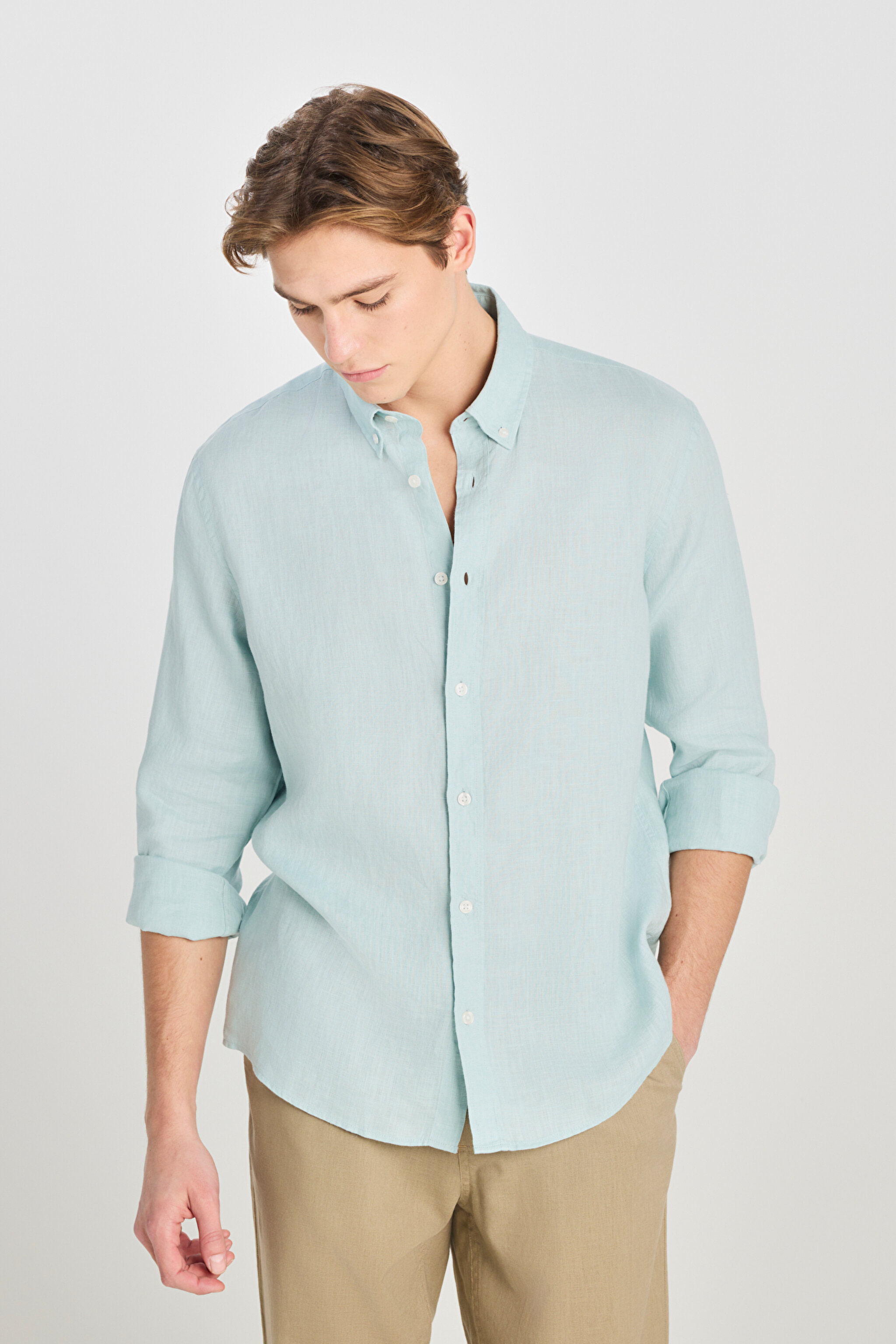 %100 Keten Regular Fit Normal Kesim Mint Yeşili Gömlek - Mint Green-L2510549303 (görsel 2)
