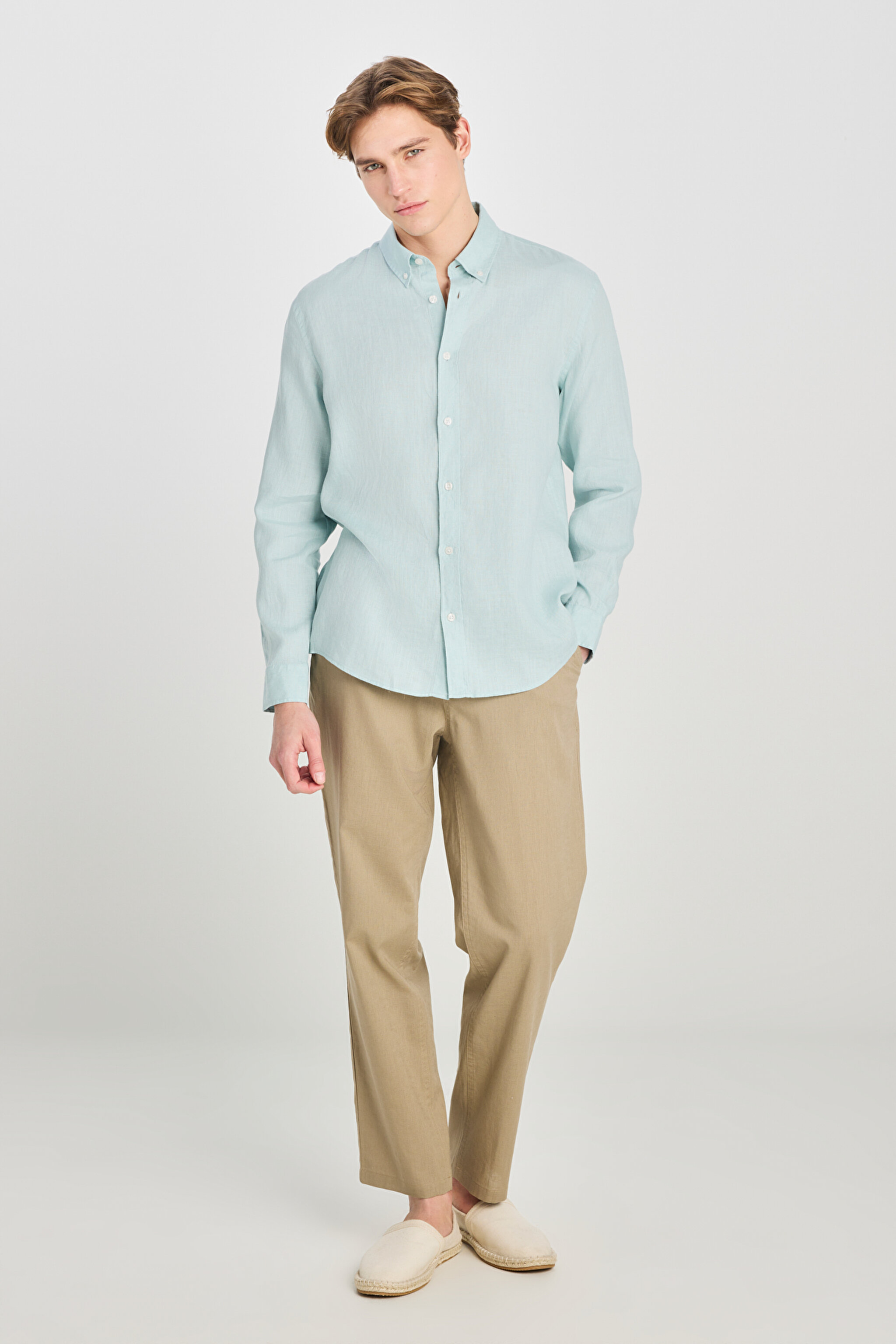 %100 Keten Regular Fit Normal Kesim Mint Yeşili Gömlek - Mint Green-L2510549303 (görsel 3)