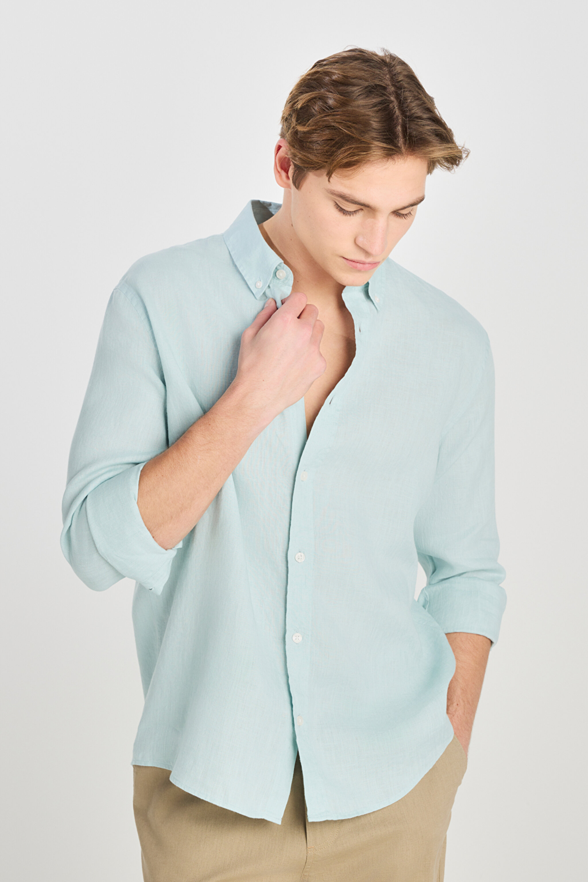 %100 Keten Regular Fit Normal Kesim Mint Yeşili Gömlek - Mint Green-L2510549303 (görsel 4)